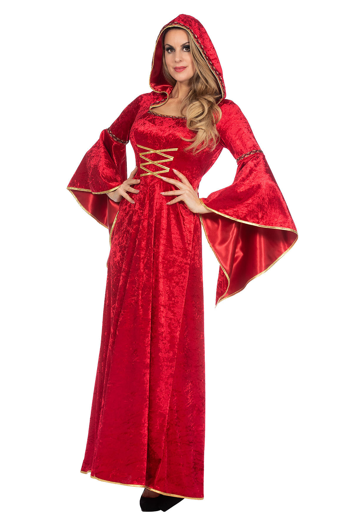 Middeleeuwse jurk marine lang met capuchon rood