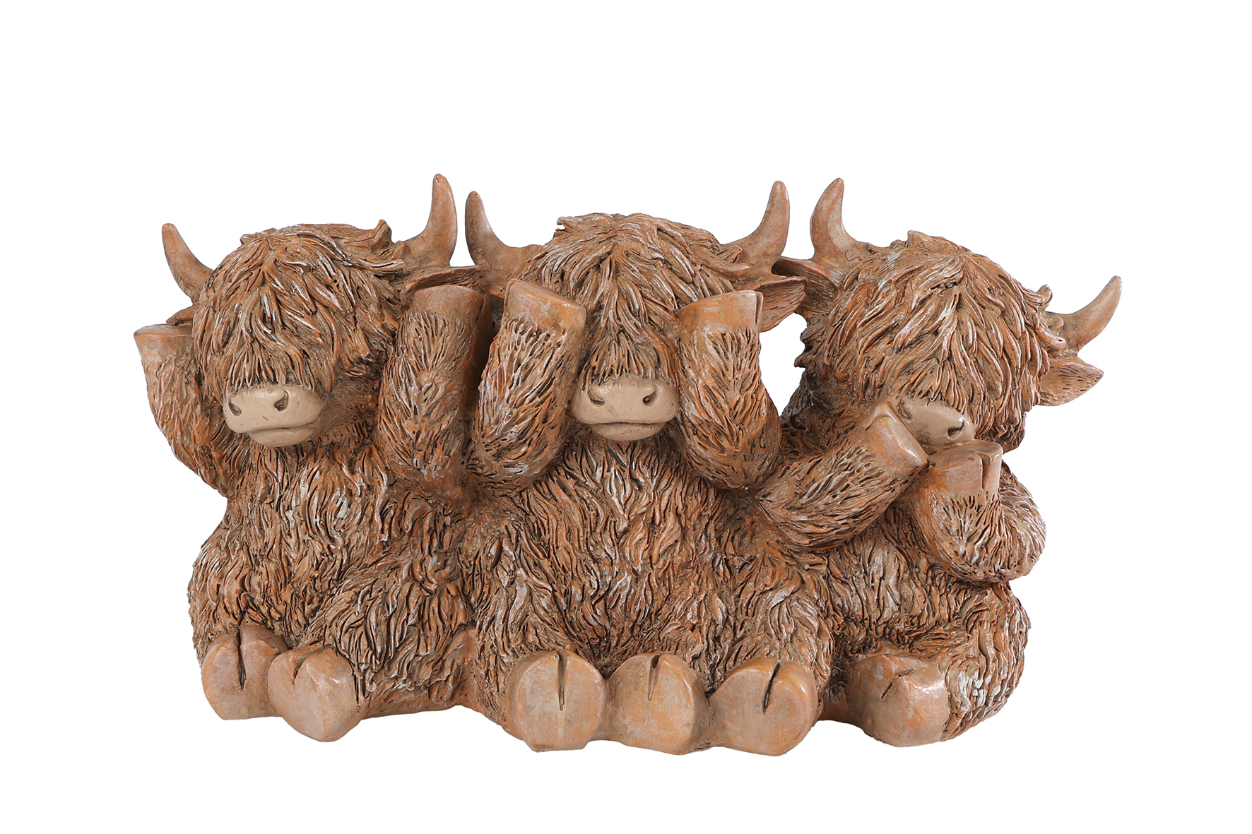 Sculptuur "Highlander horen-zien-zwijgen" bruin polystone 15x6x10cm