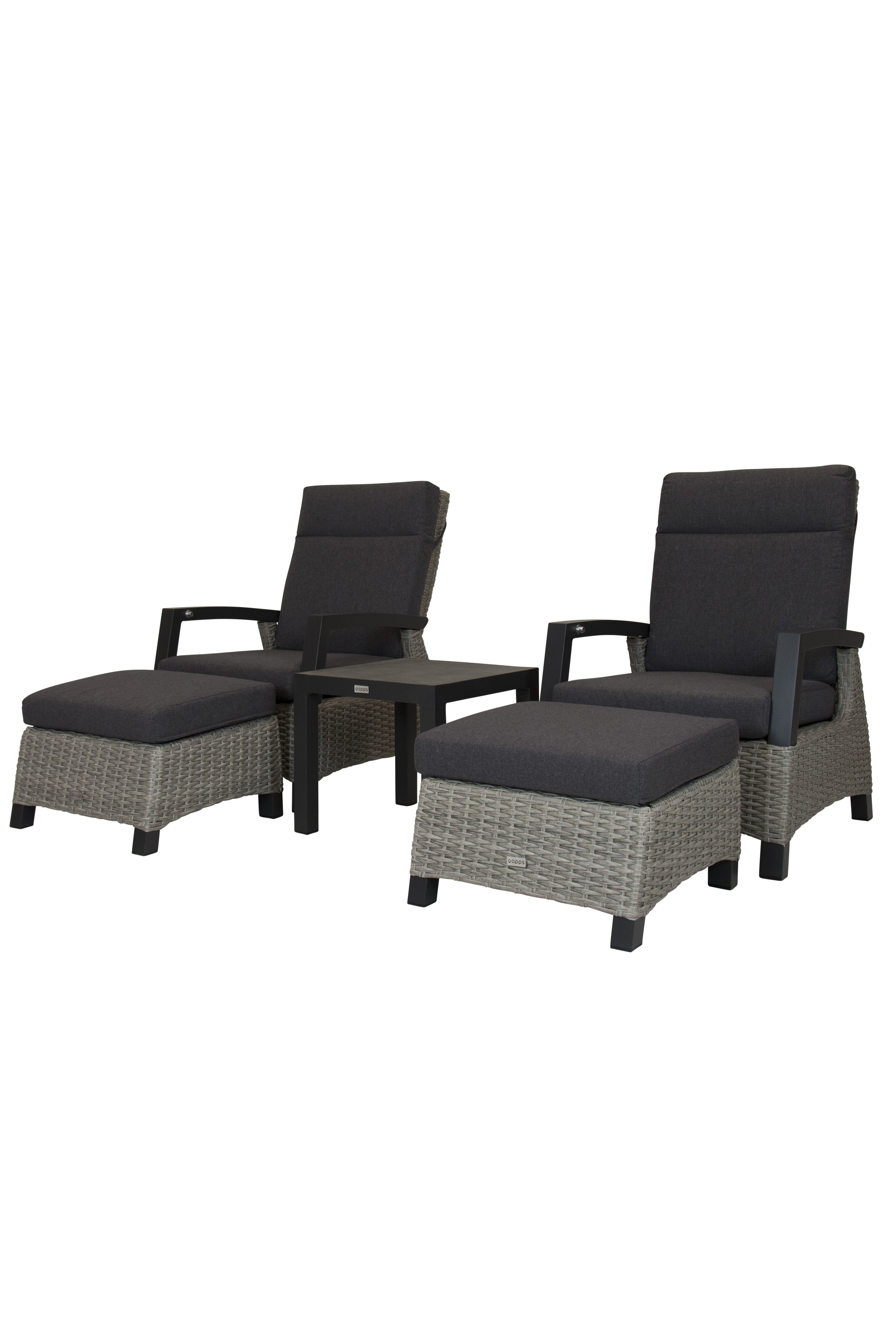 Qopps Orlon relaxset 2 lounge tuinstoel met 2 voetenbank Orlon en bijzettafel