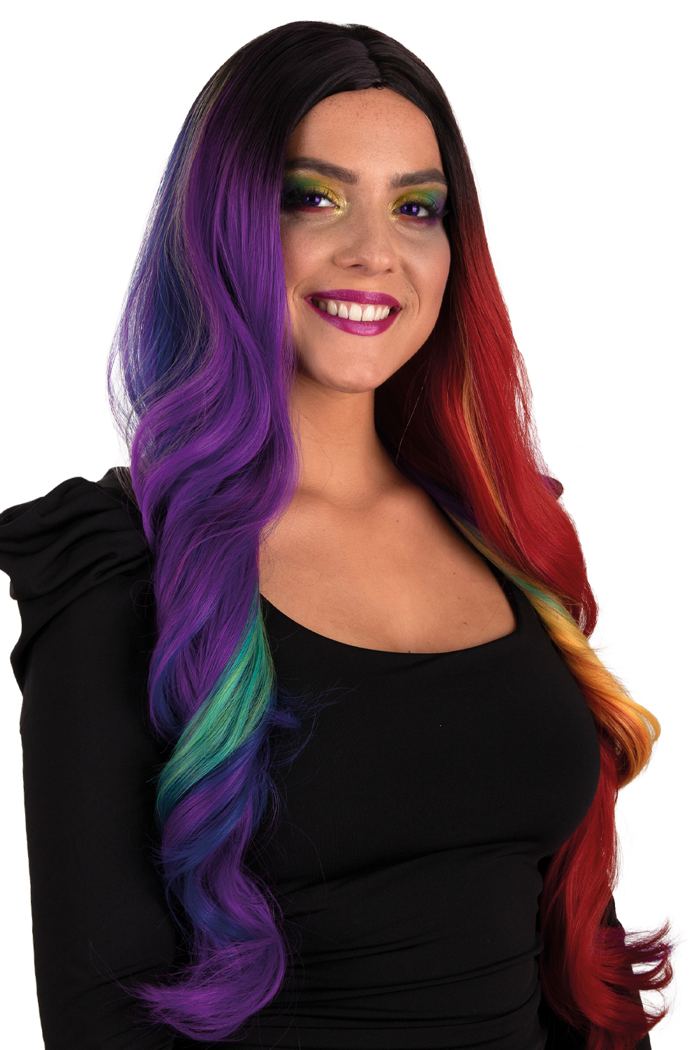 Pruik Selena lang met krullen regenboog two sides