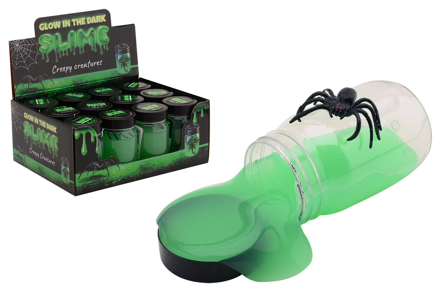 Glow in the dark slime met crepy dier in display