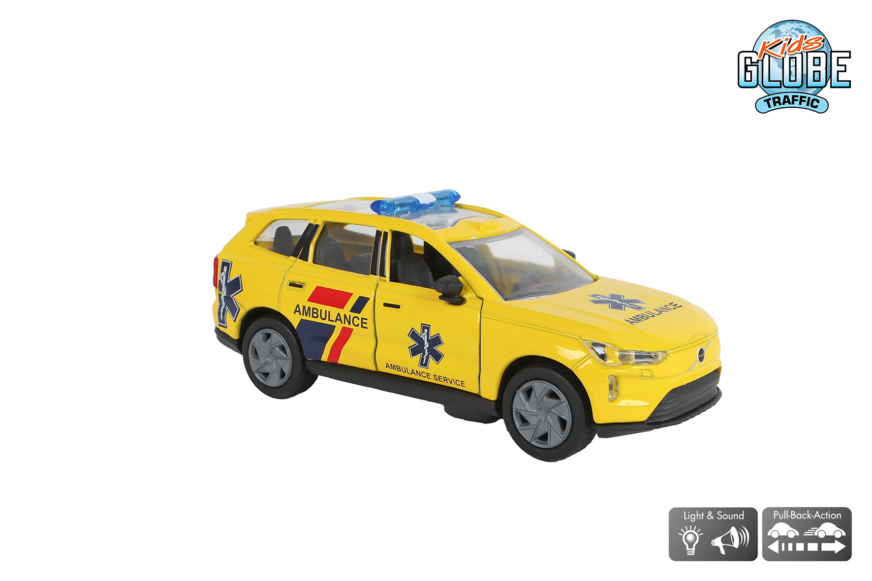 Kids Globe Ambulance Volvo EX90 die cast licht geluid pull back 13,5cm