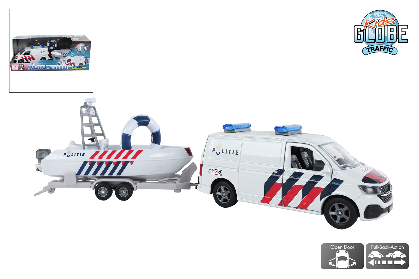 Kids Globe VW Transporter politie met boot NL die cast pull back 29cm