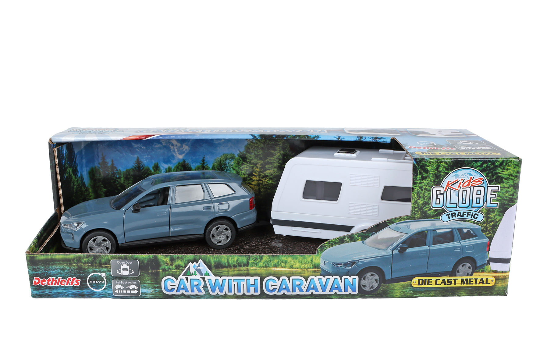 Kids Globe Volvo EX90 met Dethleffs caravan die cast pull back 30 cm