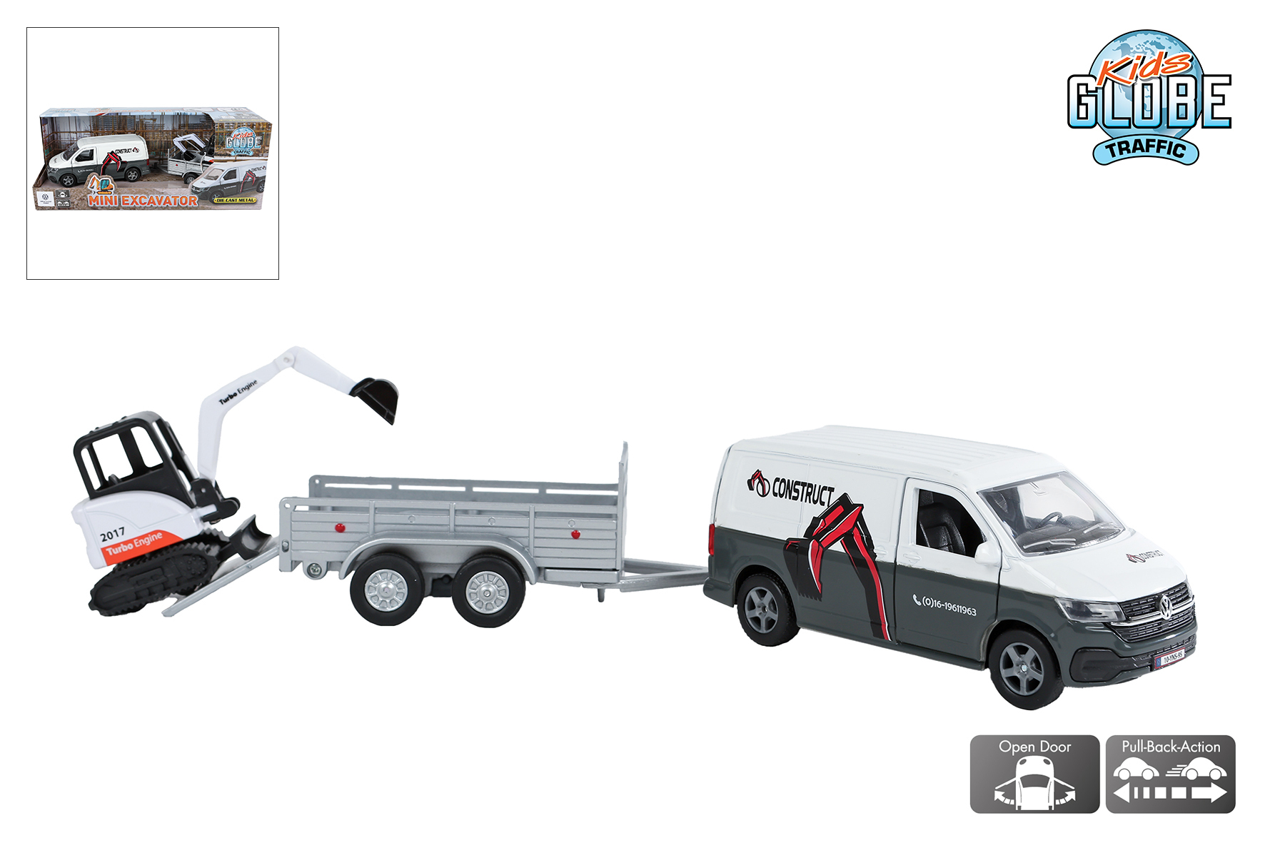 Kids Globe VW Transporter met minigraver die cast pull back 27cm