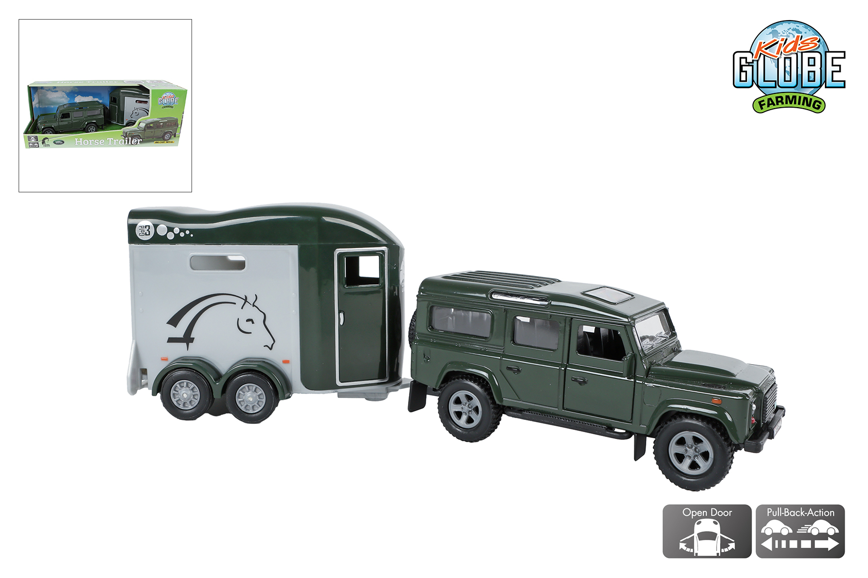 Kids Globe Land Rover met Cheval Liberte paardentrailer die cast pull back 26cm