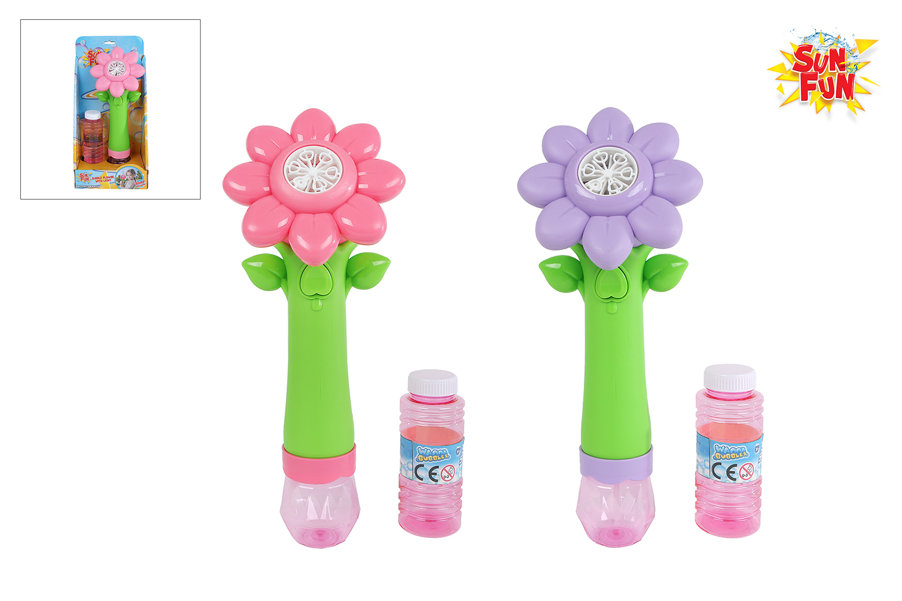 Sun Fun bellenblaas bloem b/o m/licht en 90ml bellenblaas 2ass 27cm