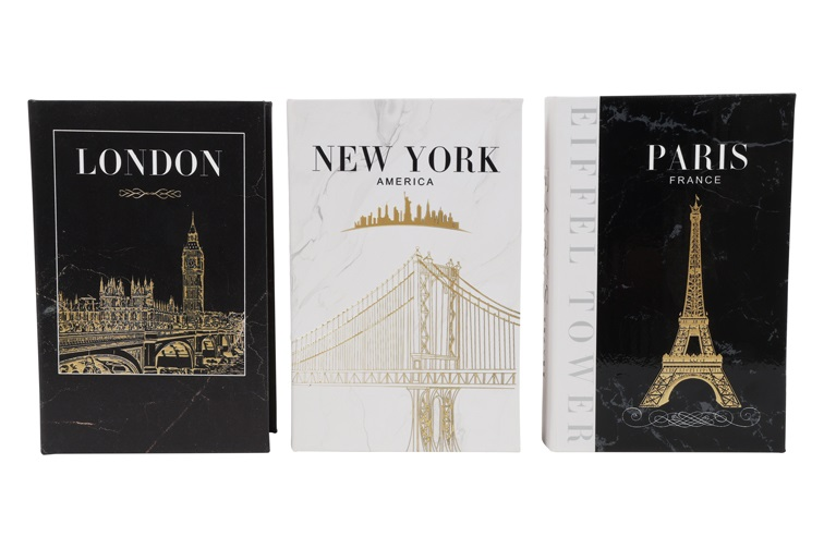 Opbergbox rechthoek Book New York,Paris,Londen a3 grijs