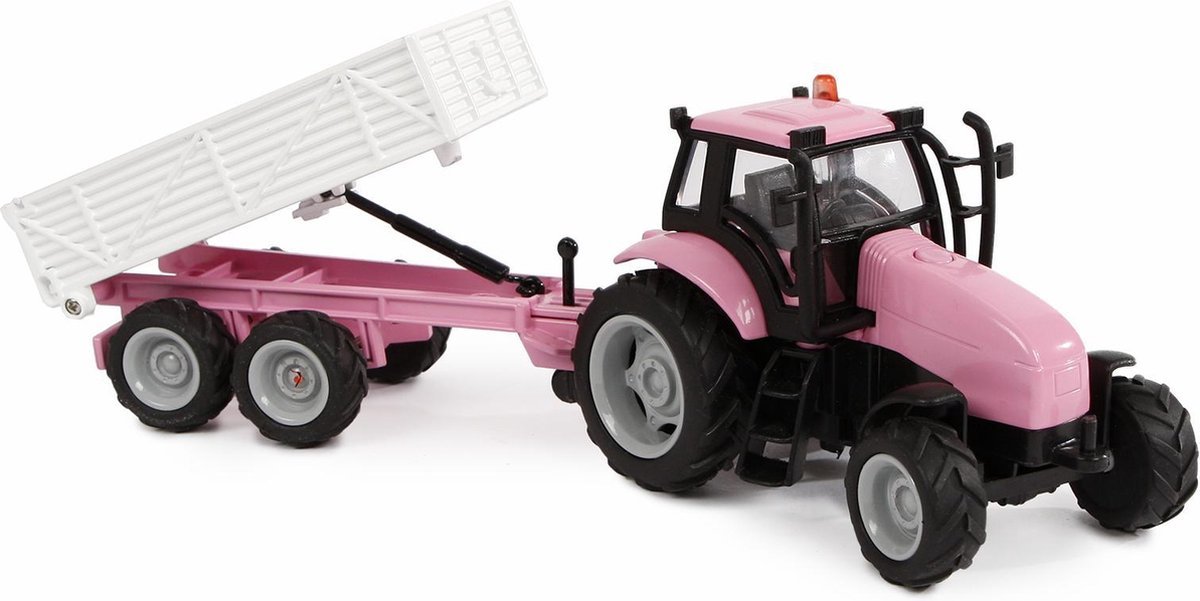 Kids Globe Farming Kids Globe tractor met aanhanger die cast frictie licht geluid roze afbeelding
