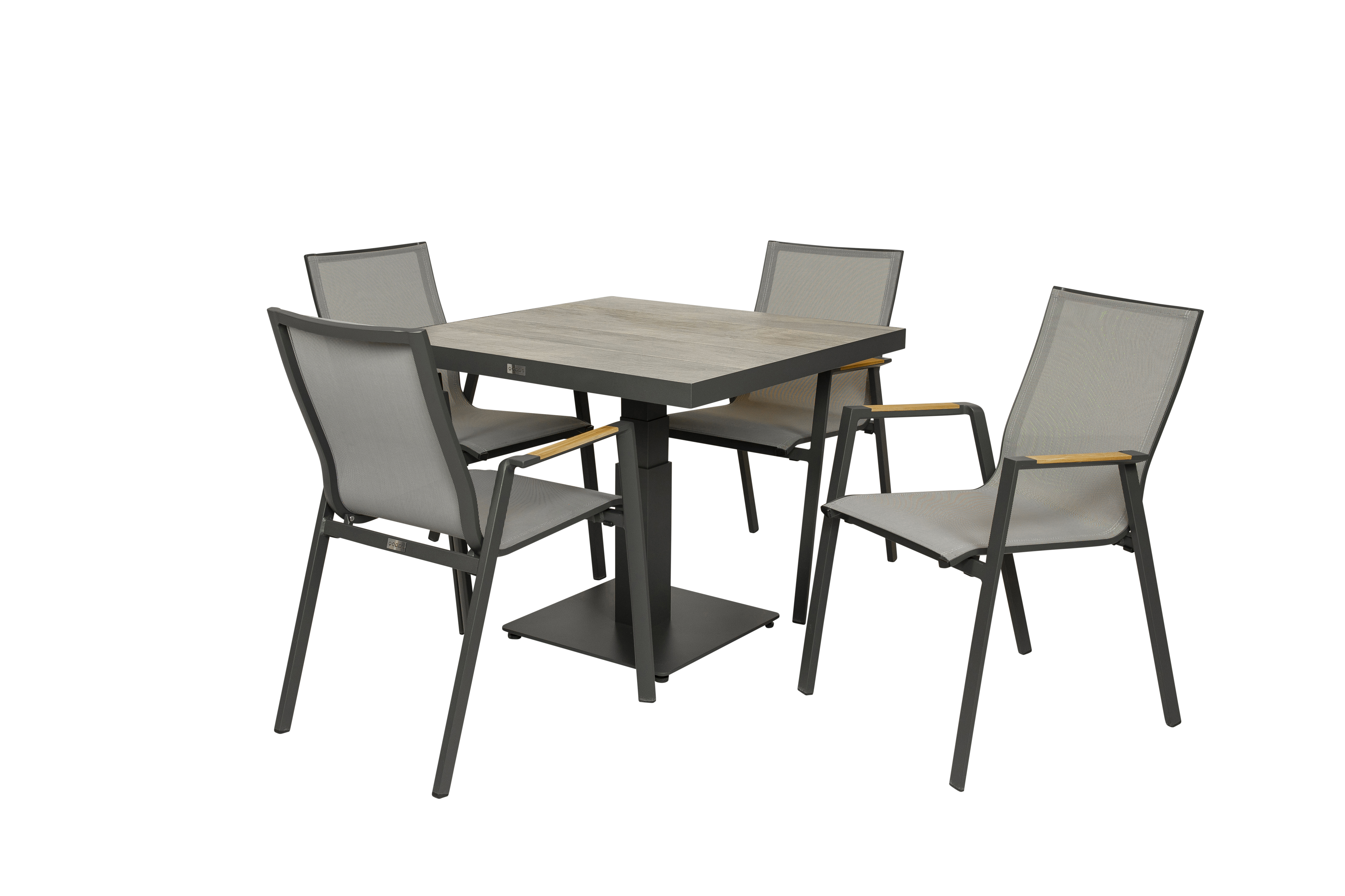 Qopps Javie in hoogte verstelbare tuintafel met 4 Jibba stapelbare tuinstoelen