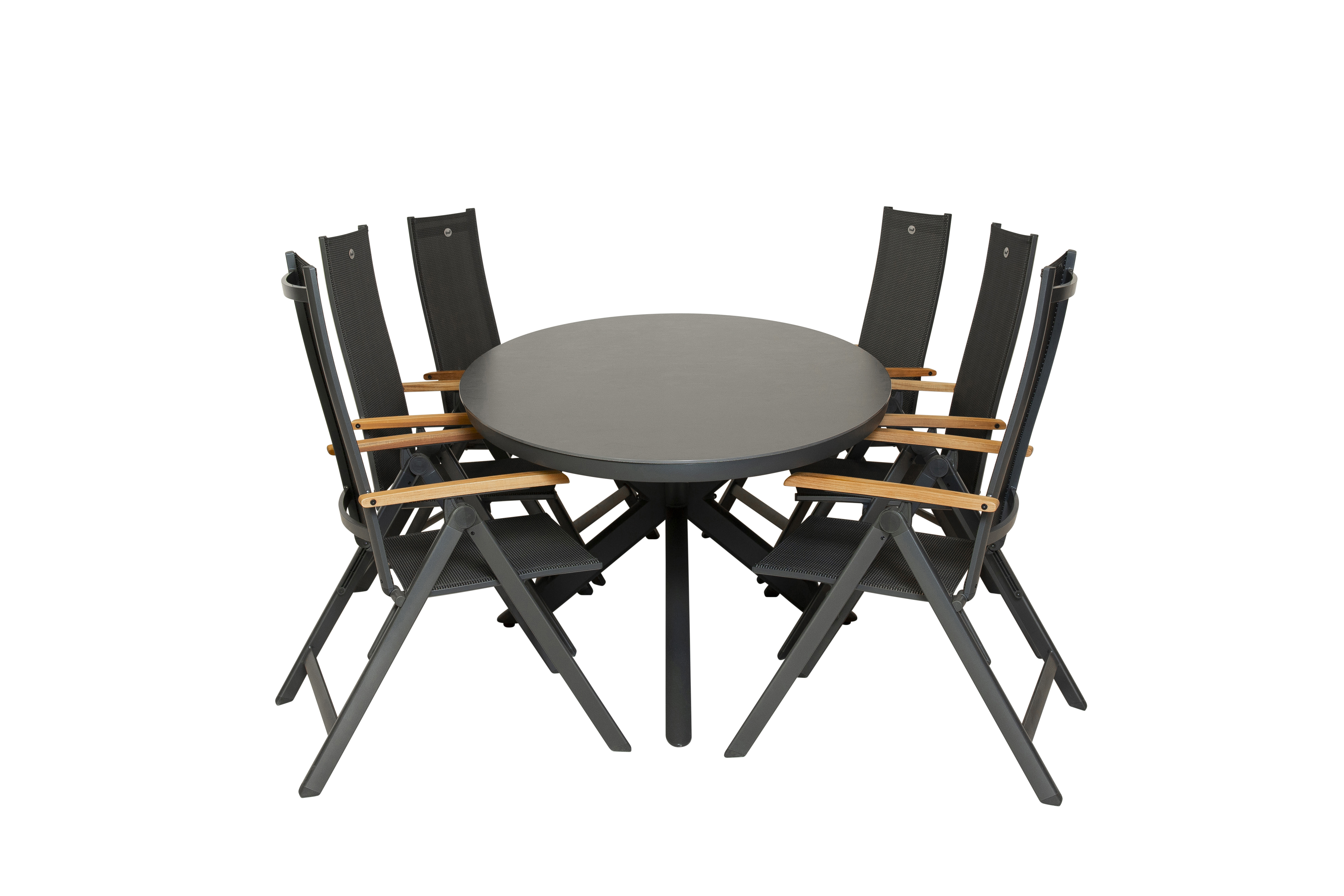 Qopps Vidas tuintafel met 6 Hartman Napoli verstelbare tuinstoelen met teak armlegger