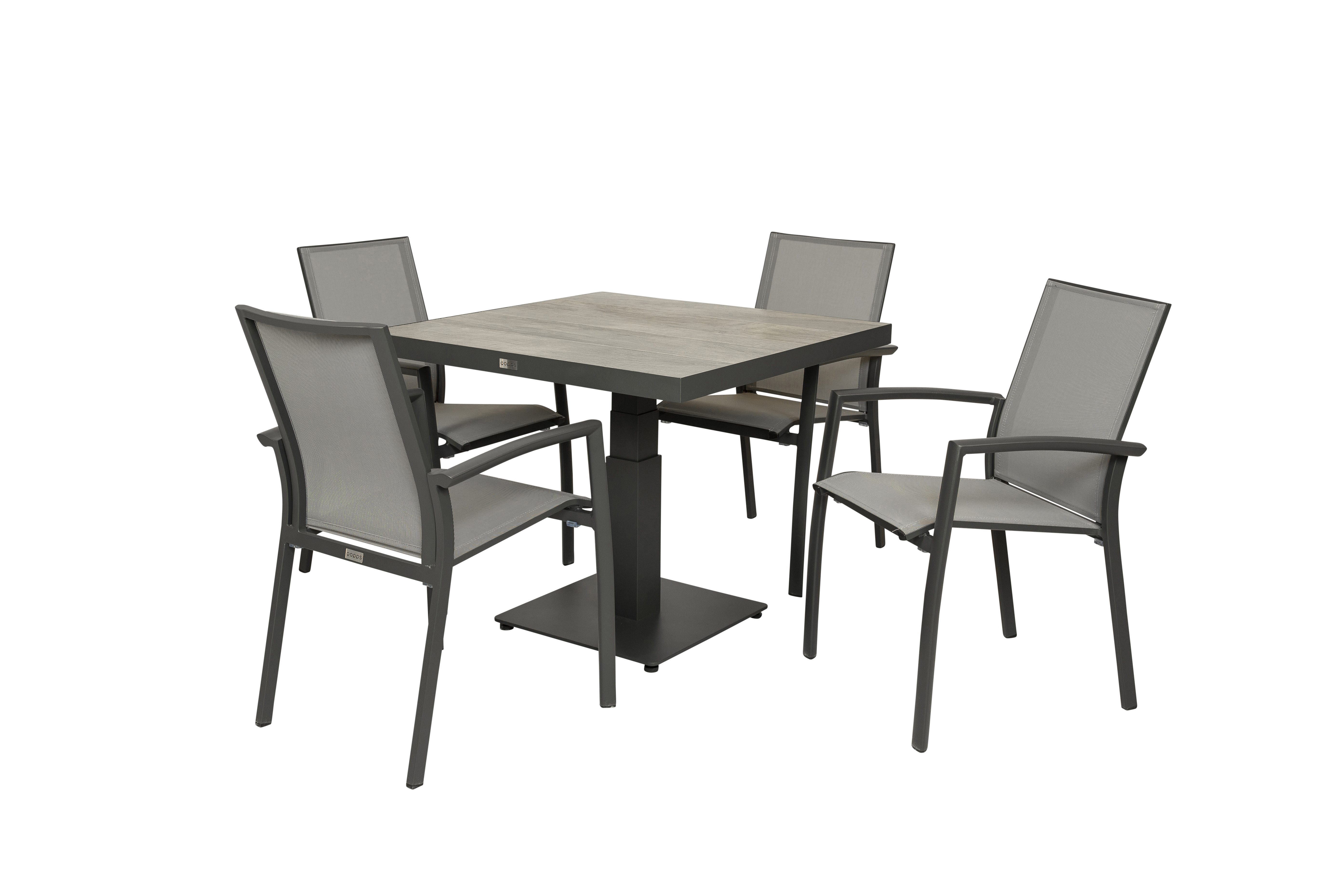 Qopps Javie in hoogte verstelbare tafel met 4 Tampa stapelbare tuinstoelen