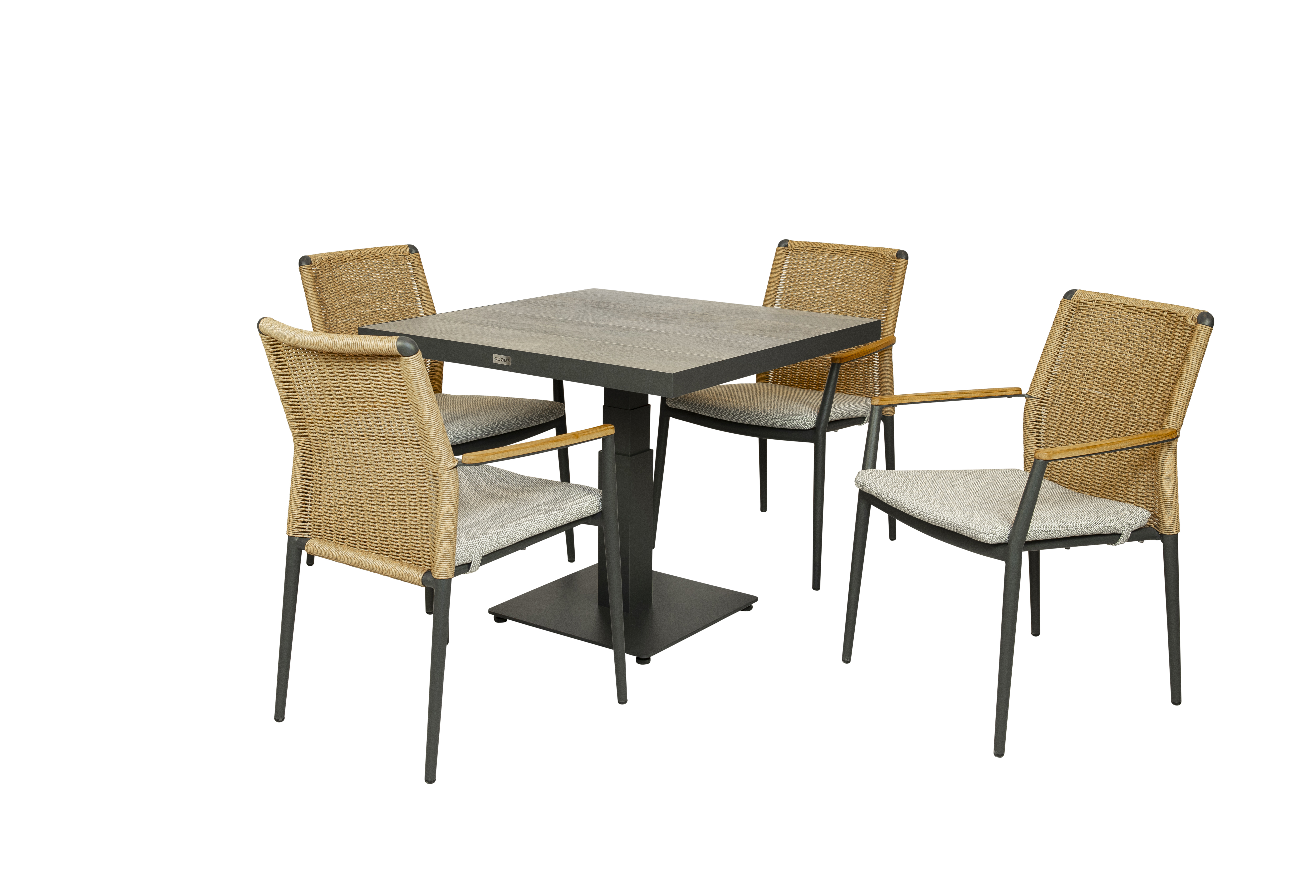 Qopps Javie in hoogte verstelbare tafel met 4 Yvori stapelbare tuinstoelen