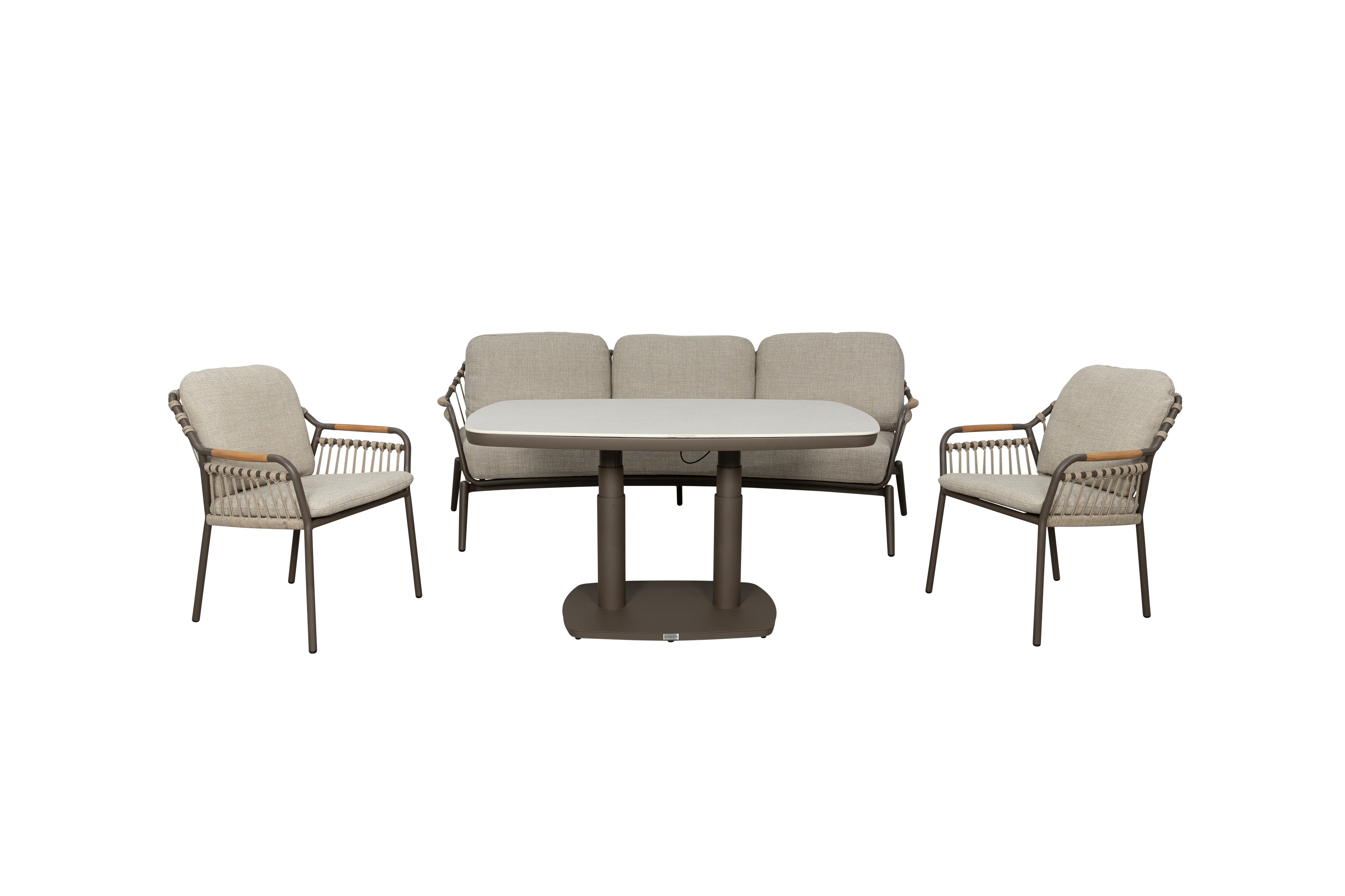 Qopps Egina loungebank met 2 dining tuinstoelen en Elena in hoogte verstelbare tuintafel