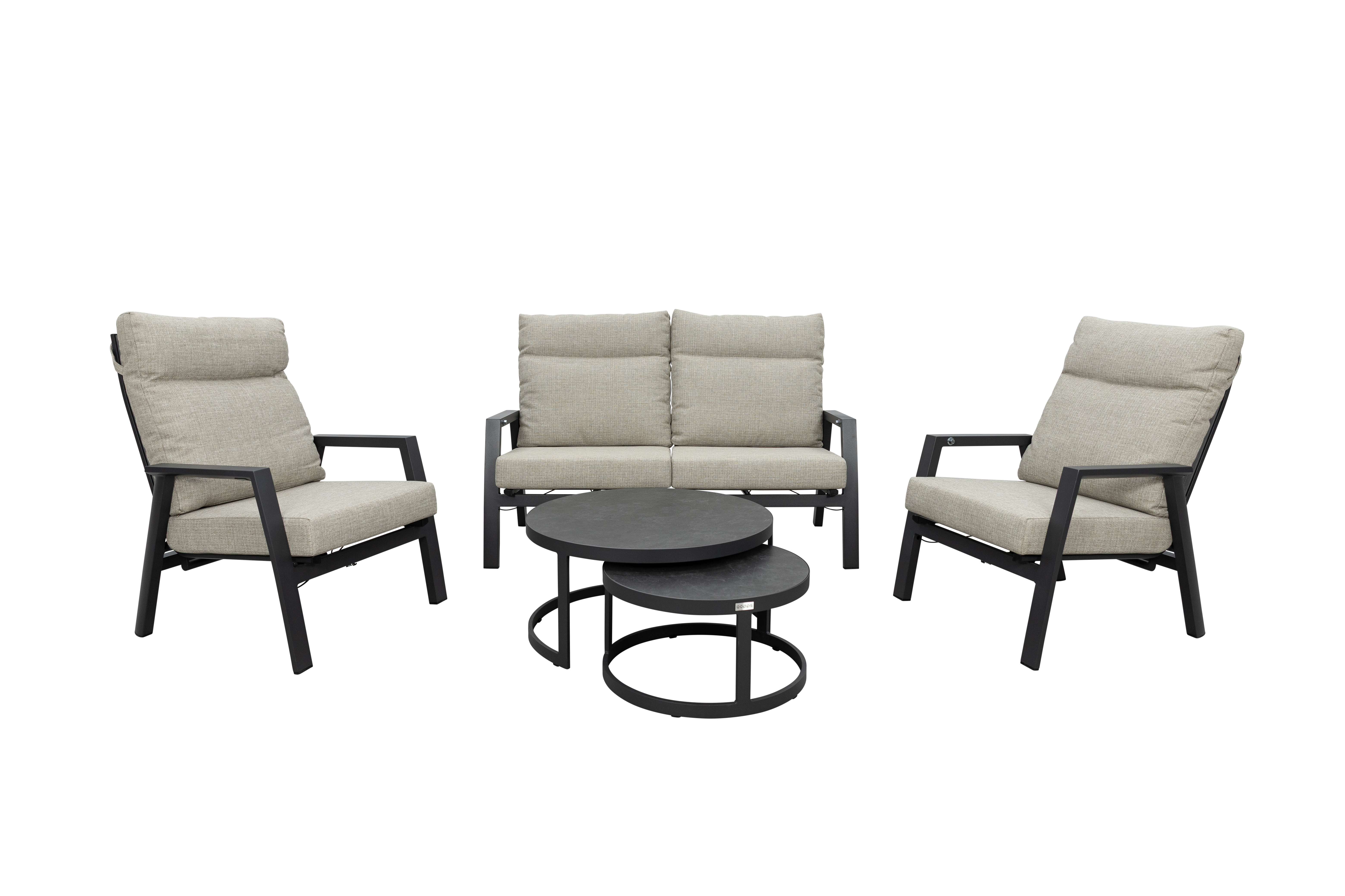 Qopps Exome 2-zits met 2 loungestoelen greige kussens en Soman koffietafelset