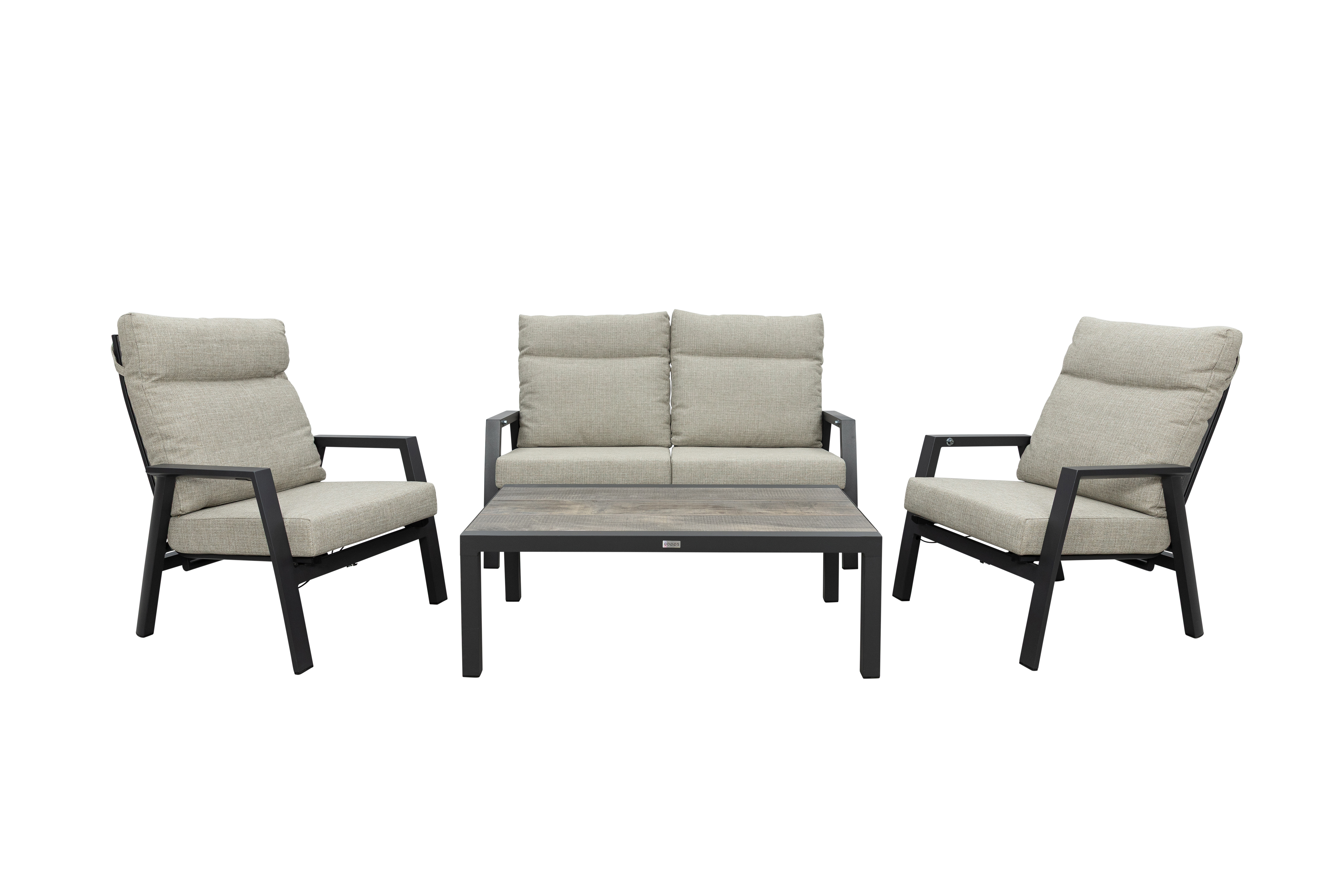 Qopps Exome loungeset met greige kussens en de Devis koffietafel