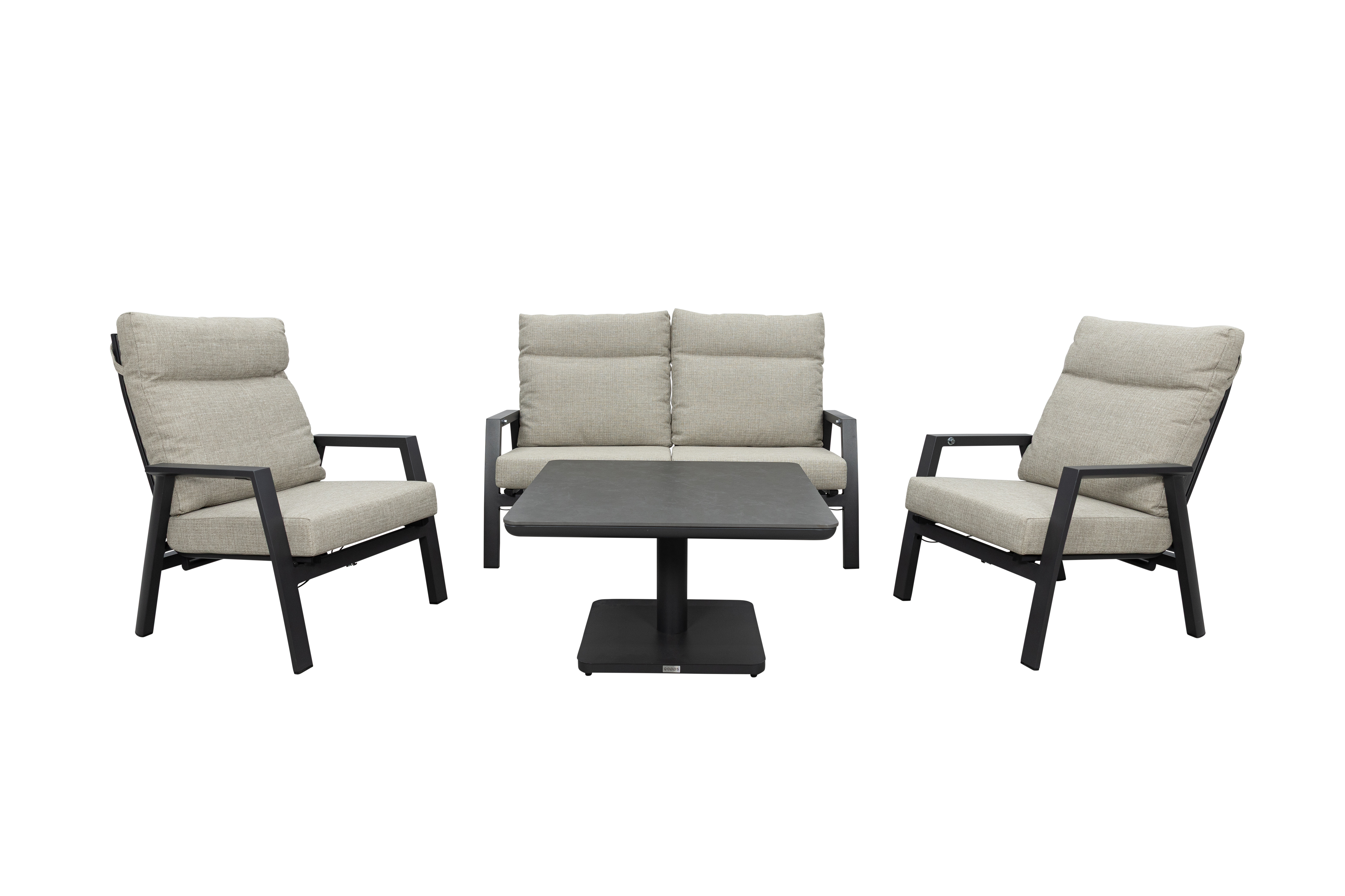 Qopps Exome loungeset met greige kussens en Ramin in hoogte verstelbare tuintafel