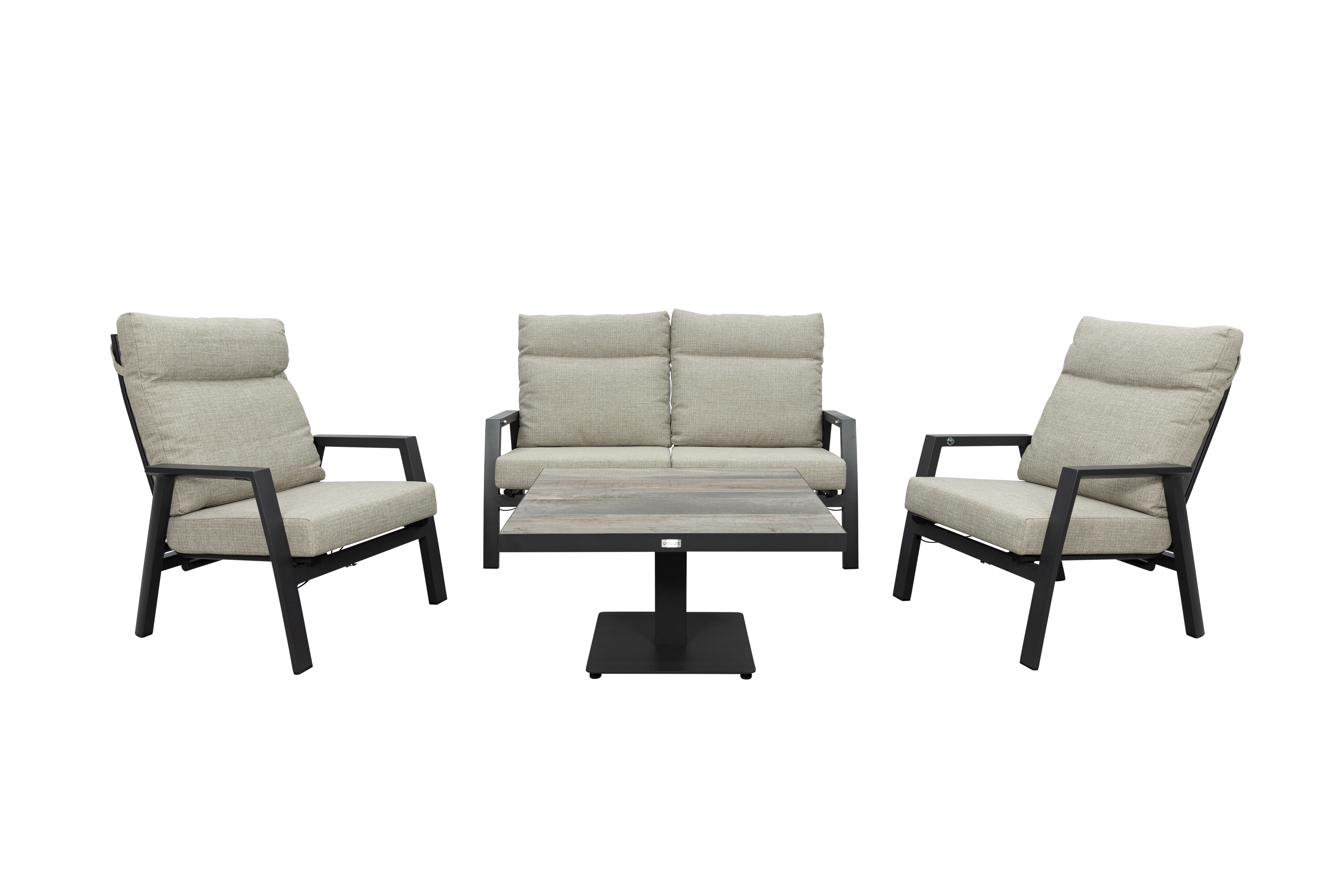 Qopps Exome loungeset met greige kussens en Javie in hoogte verstelbare tuintafel