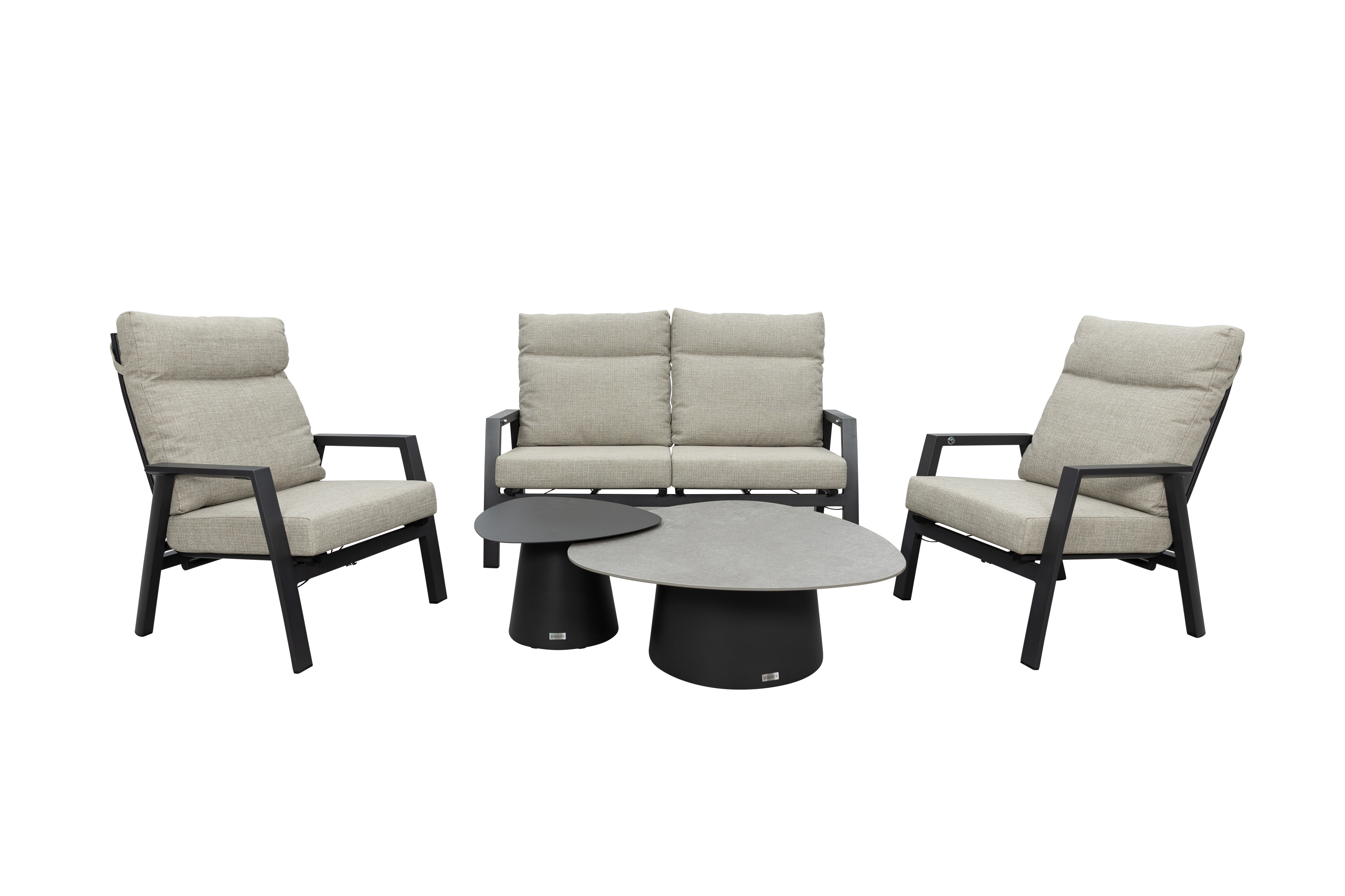 Qopps Exome loungeset met greige kussens en 2 Nessa koffietafels