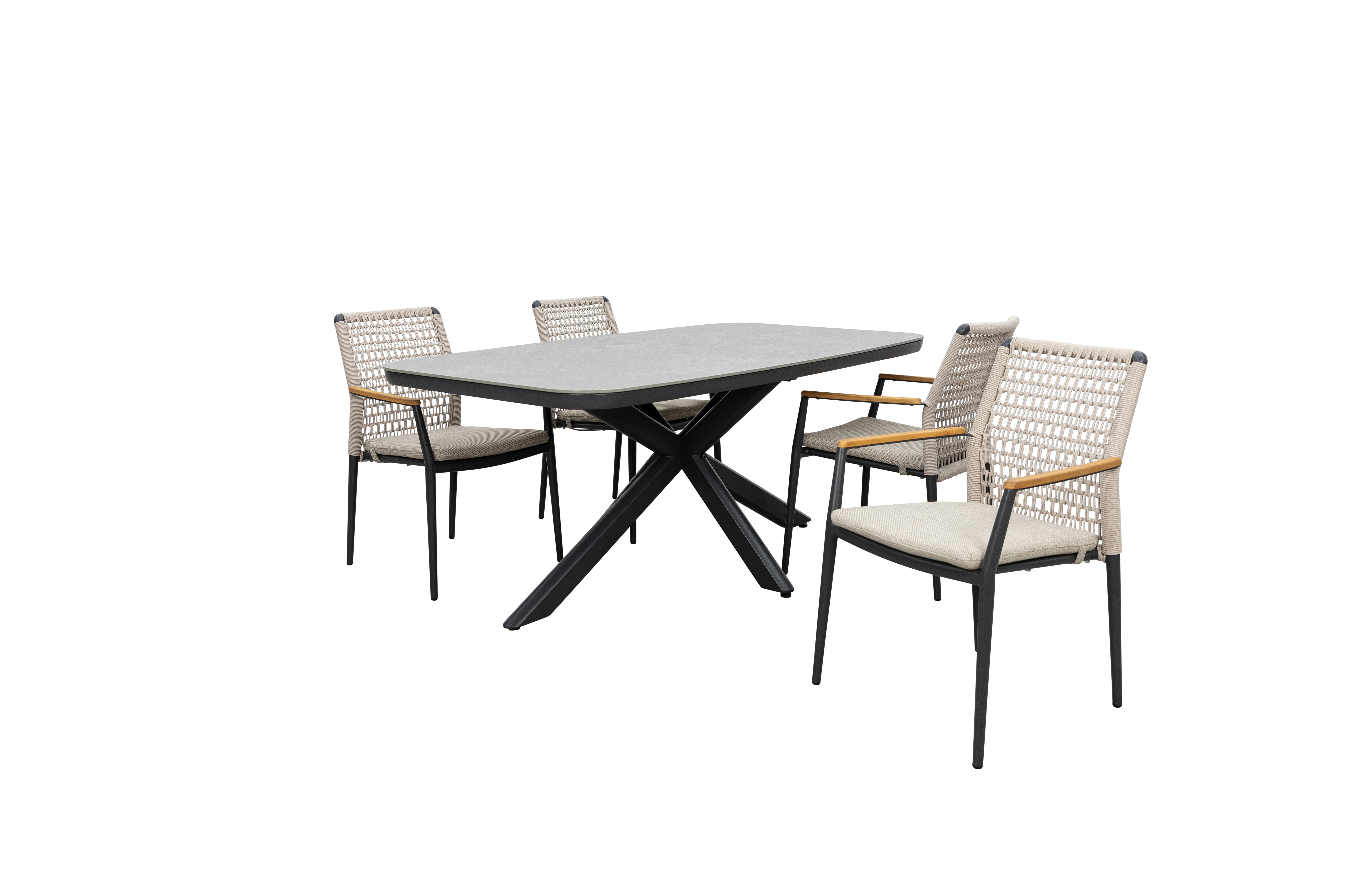 Qopps Vakio tuintafel met 4 Indra stapelbare tuinstoelen