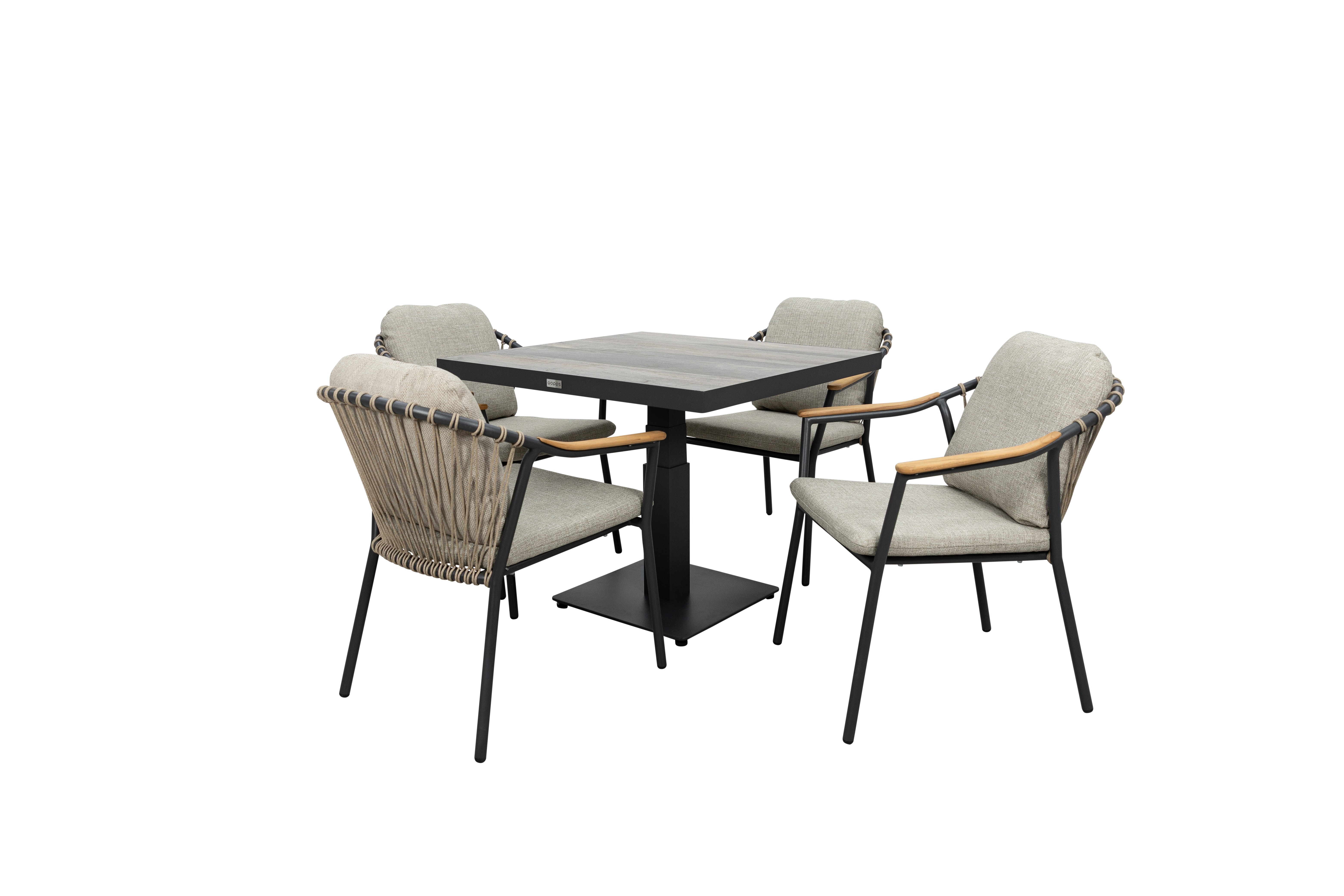 Qopps Javie in hoogte verstelbare tuintafel met 4 Flori stapelbare tuinstoelen