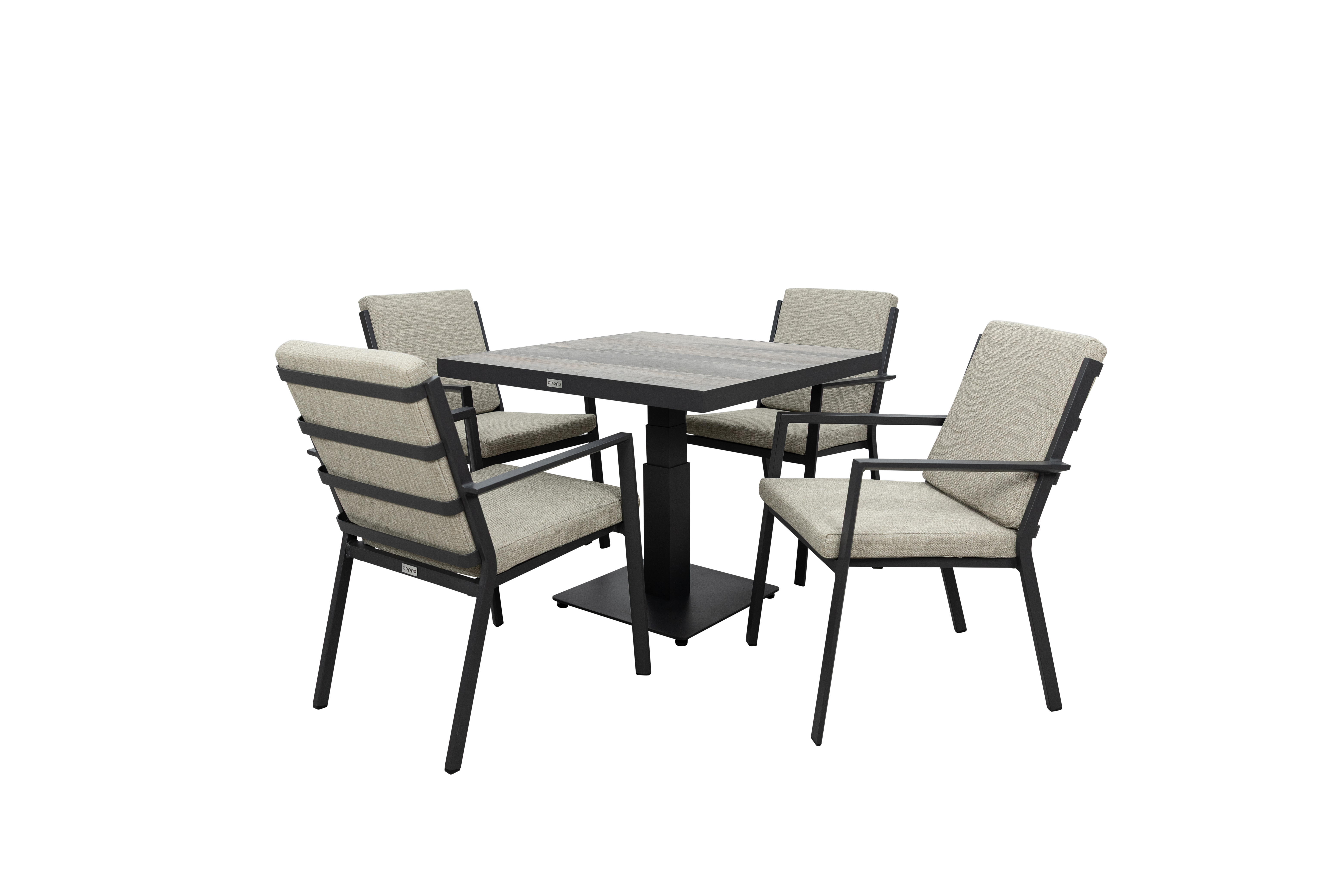 Qopps Javie in hoogte verstelbare tuintafel met 4 Izard stapelbare tuinstoelen