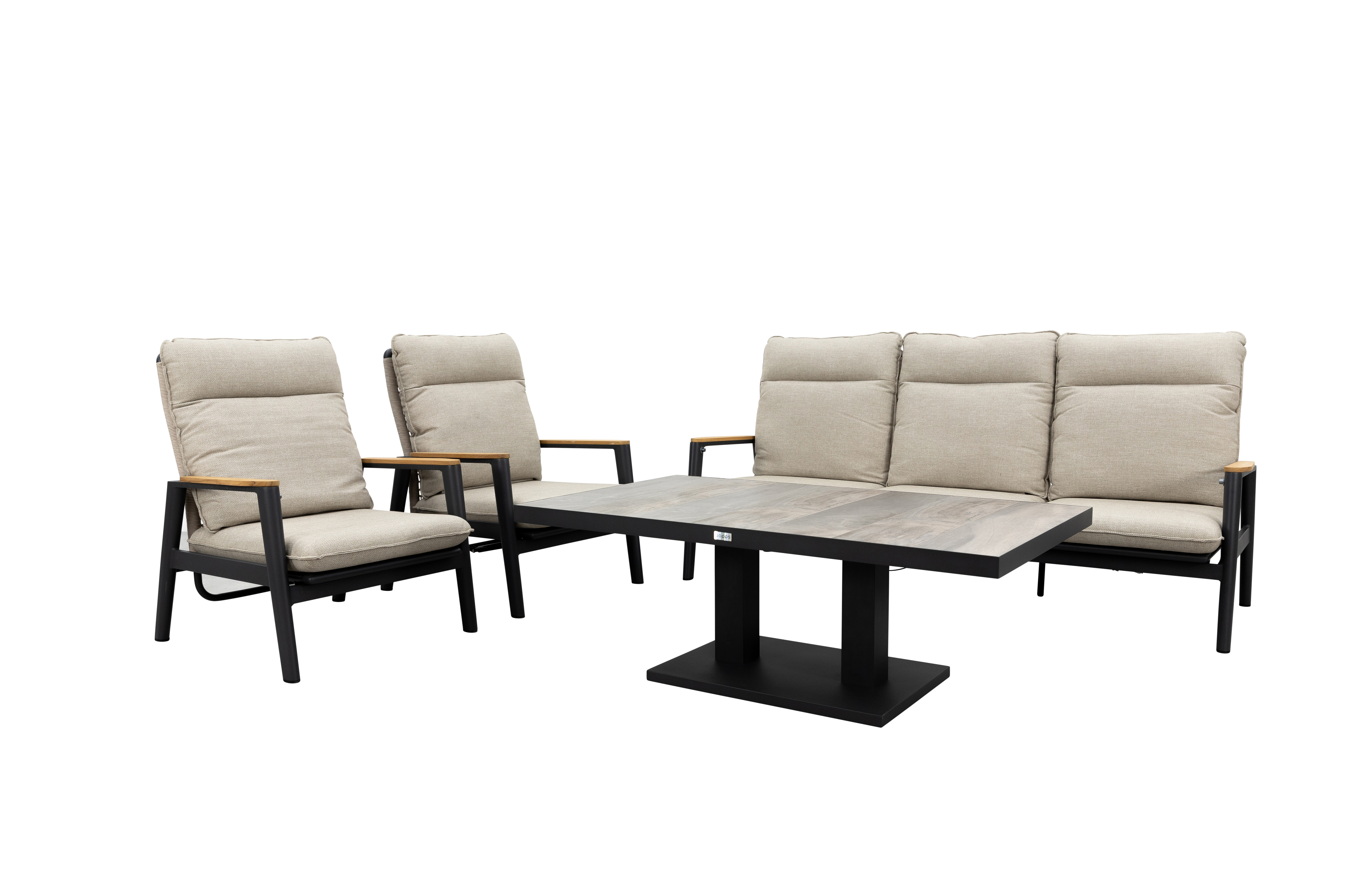 Qopps Indra 3 zits bank met 2 loungestoelen en Camos in hoogte verstelbare tuintafel