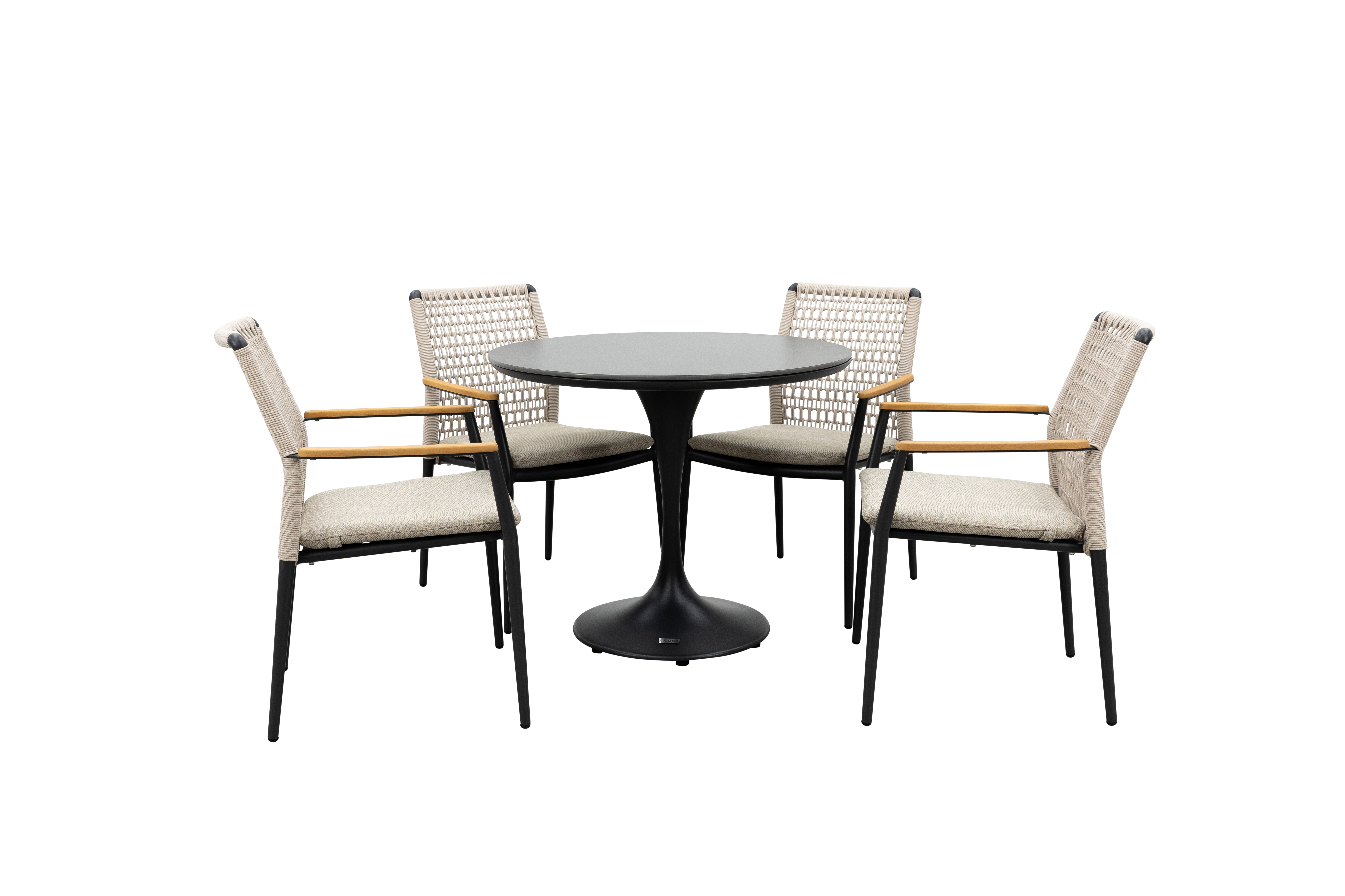 Qopps Gaona tuintafel met 4 Indra stapelbare tuinstoelen beige