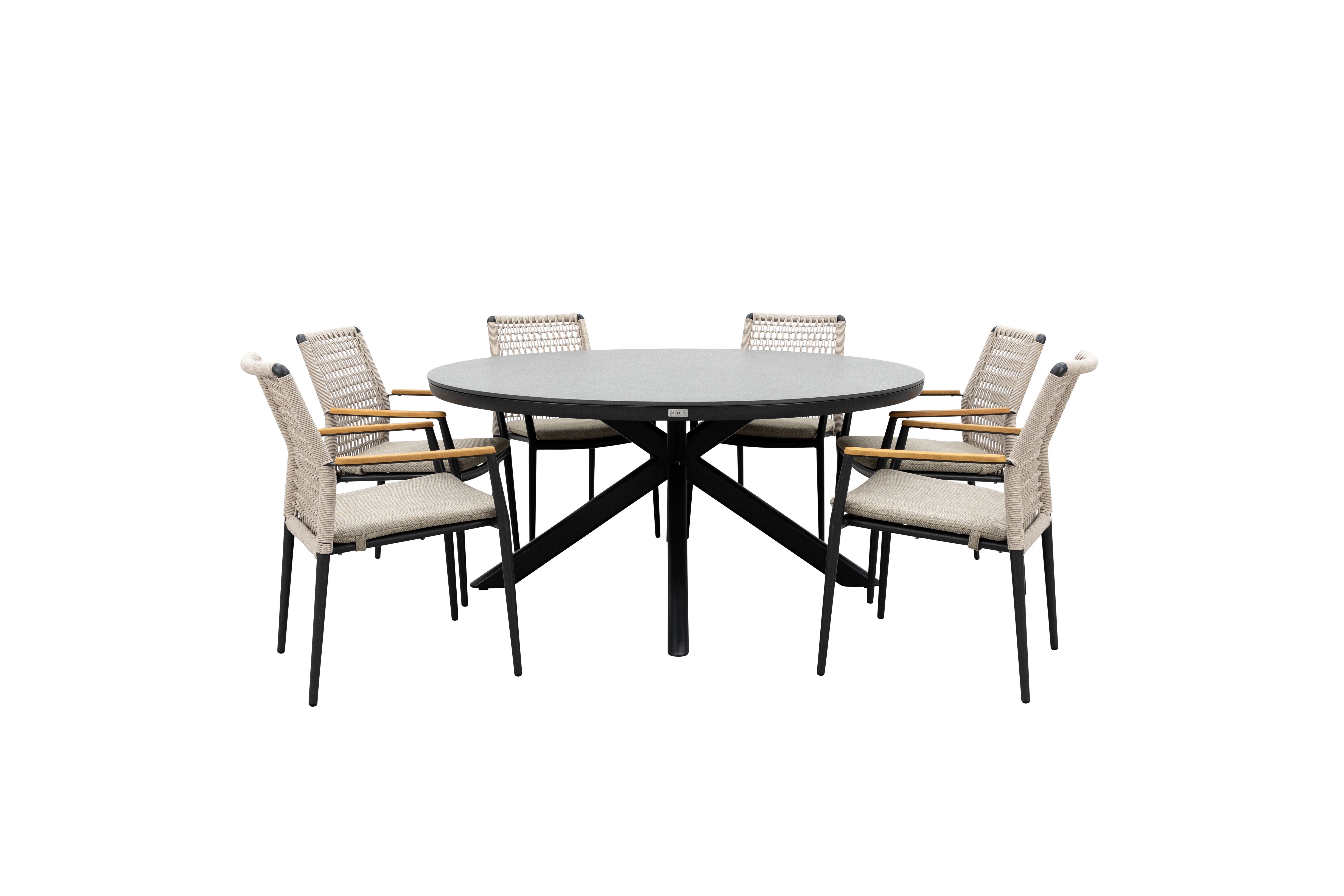 Qopps Ziggy tuintafel met 6 Indra stapelbare tuinstoelen beige