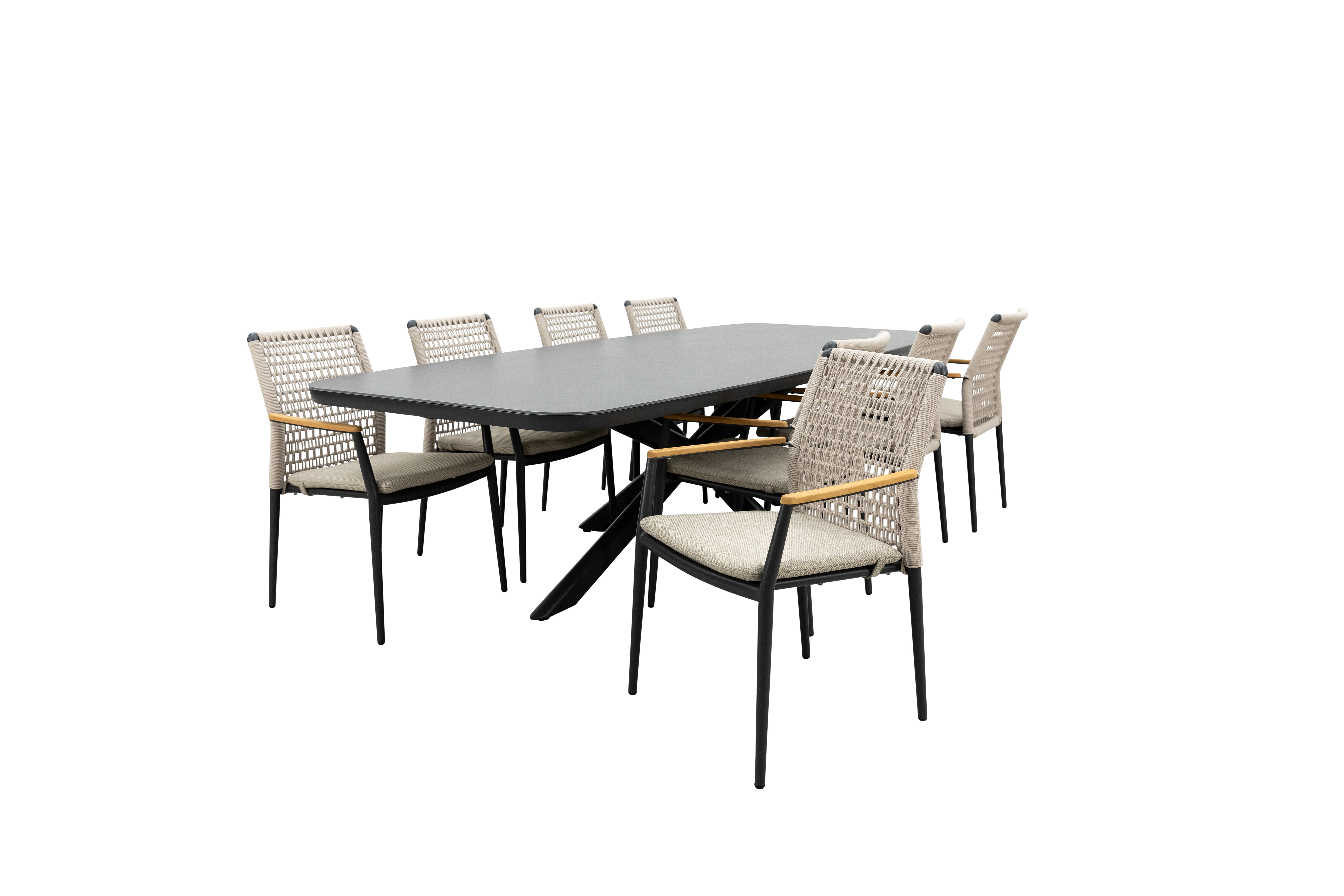Qopps Vakio tuintafel met 8 Indra stapelbare tuinstoelen