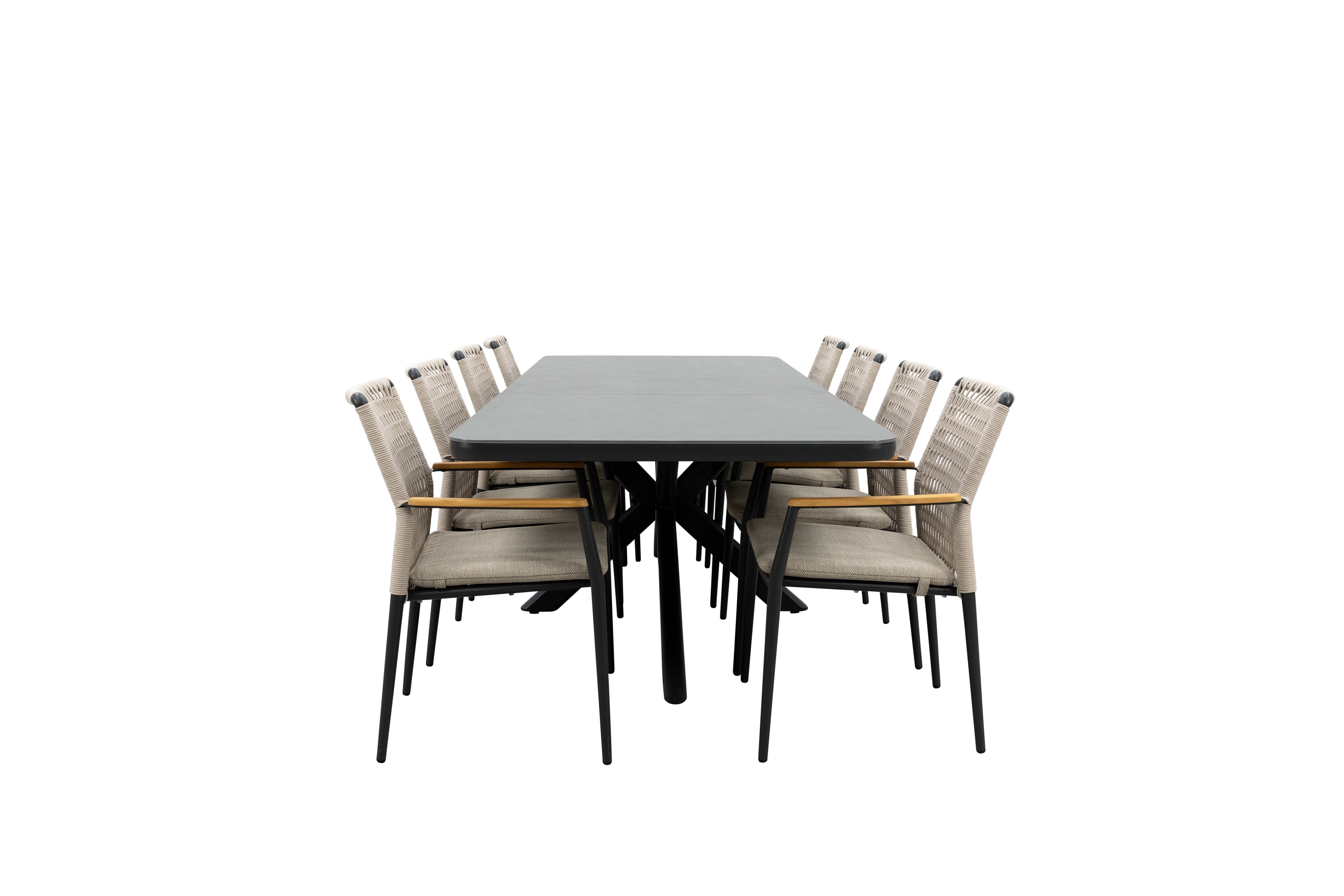 Qopps Mirek uitschuifbare tuintafel met 8 Indra stapelbare tuinstoelen