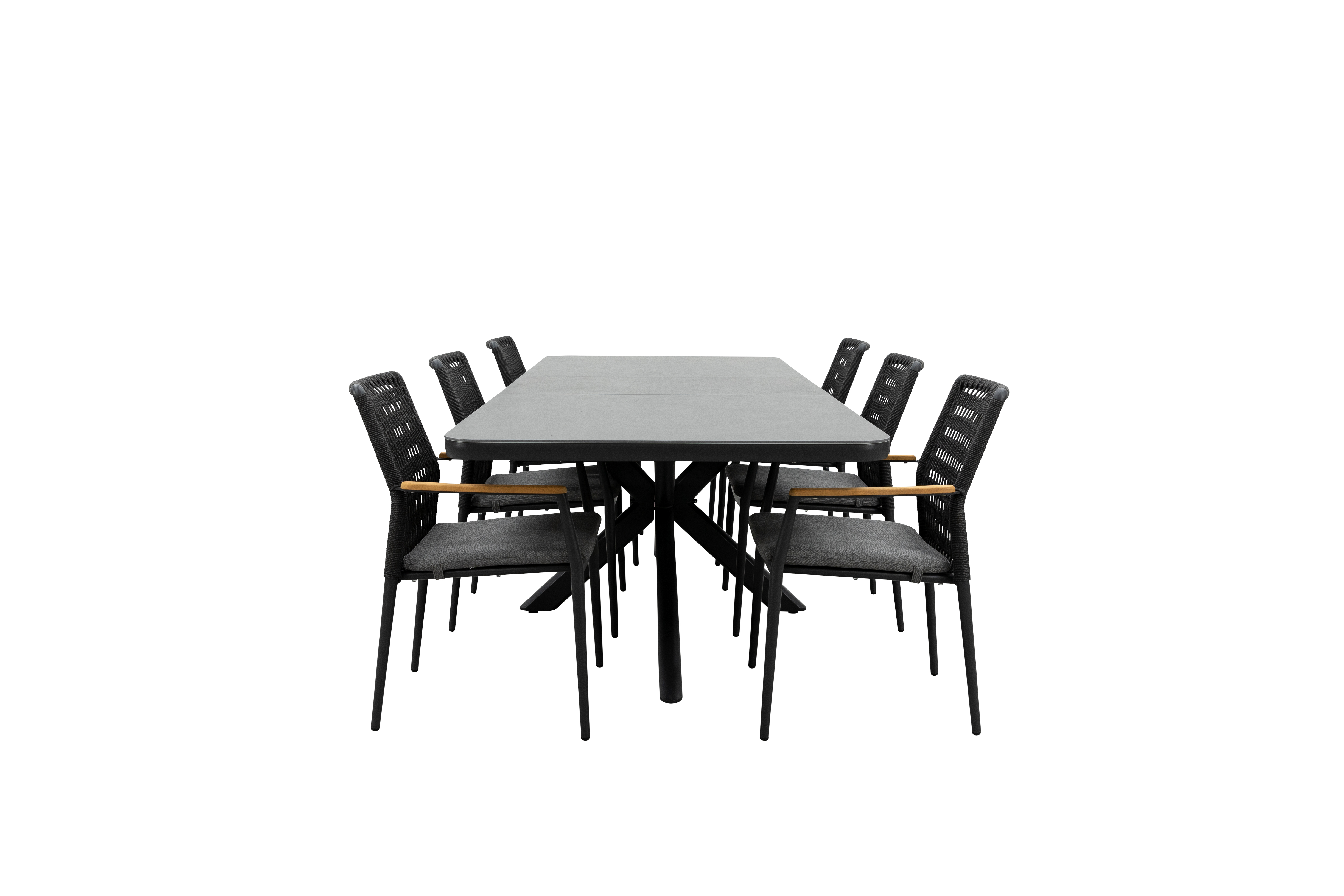Qopps Mirek uitschuifbare tafel met 6 Indra stapelbare tuinstoelen antraciet