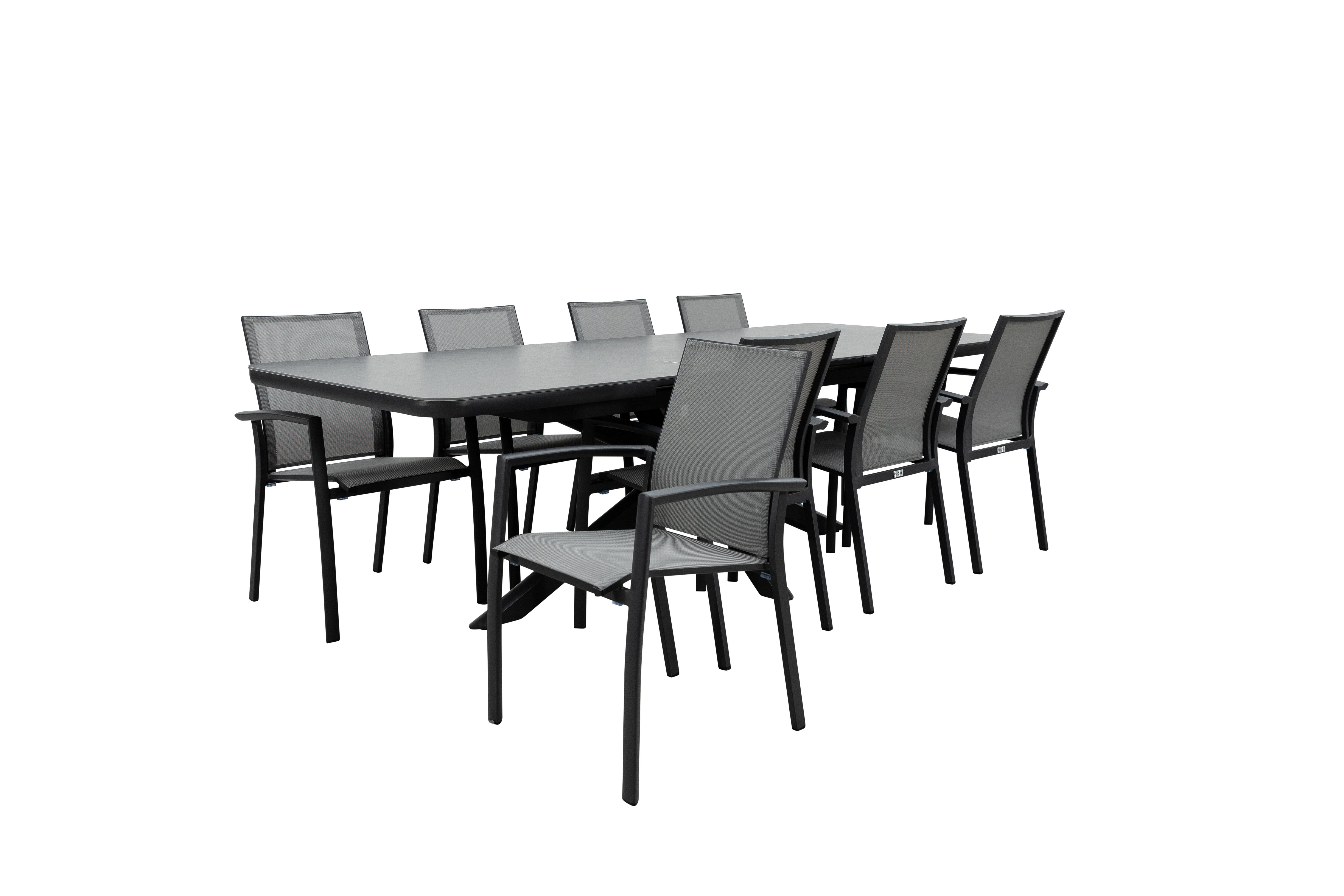 Qopps Mirek uitschuifbare tuintafel met 8 Tampa stapelbare tuinstoelen