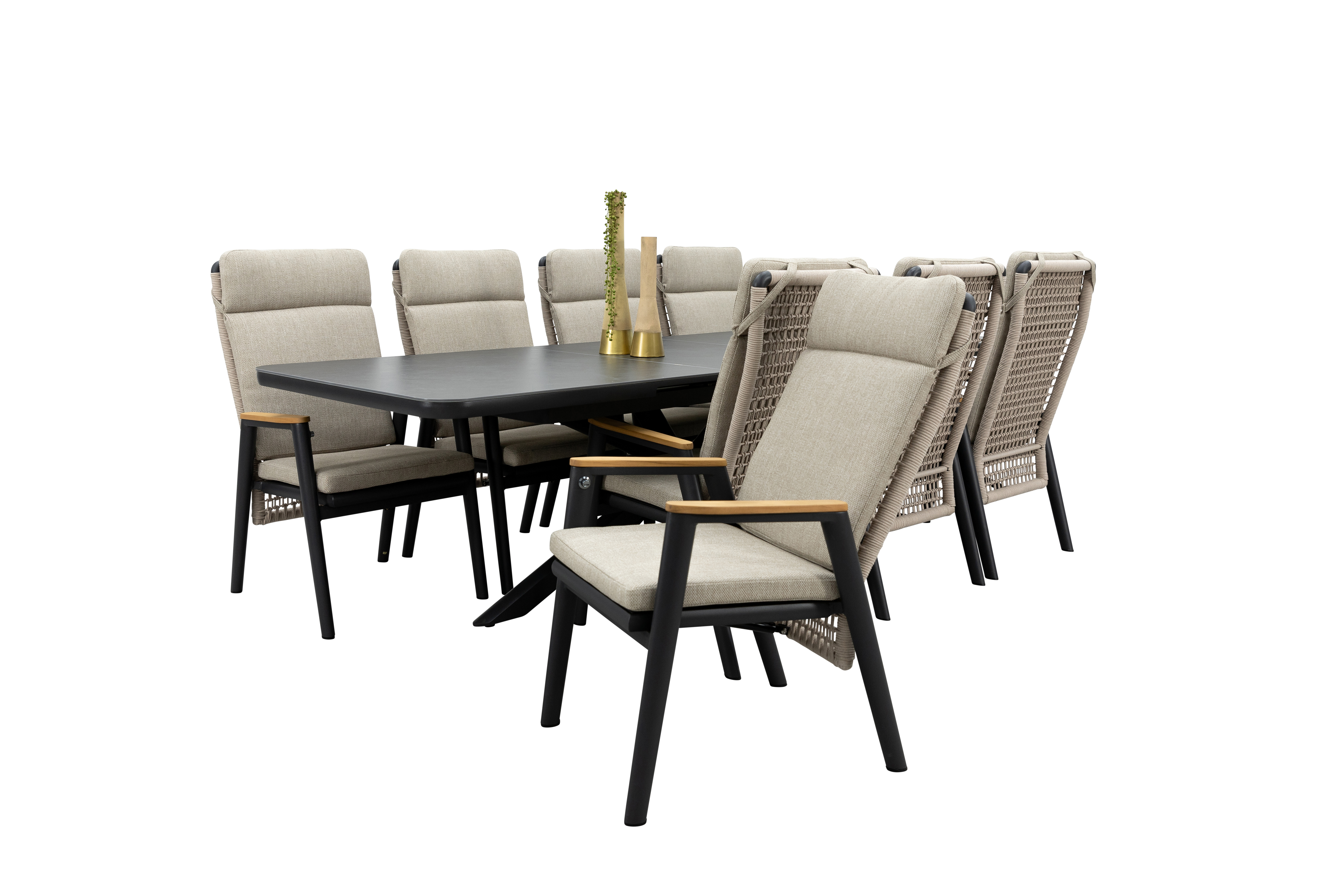 Qopps Mirek uitschuifbare tafel met 8 Indra gasveer verstelbare tuinstoelen