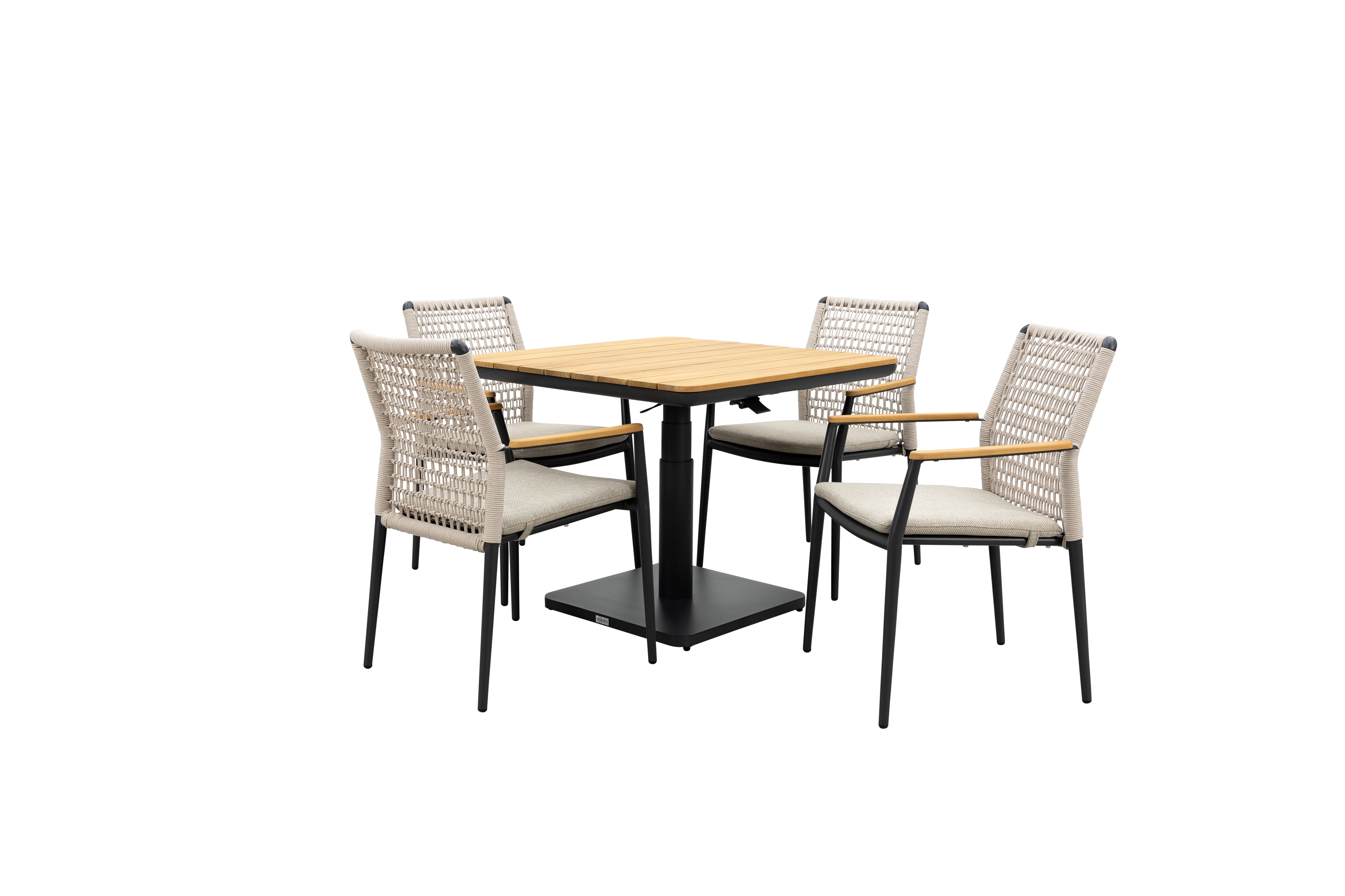 Qopps Zamin in hoogte verstelbare tafel met 4 Indra stapelbare tuinstoelen
