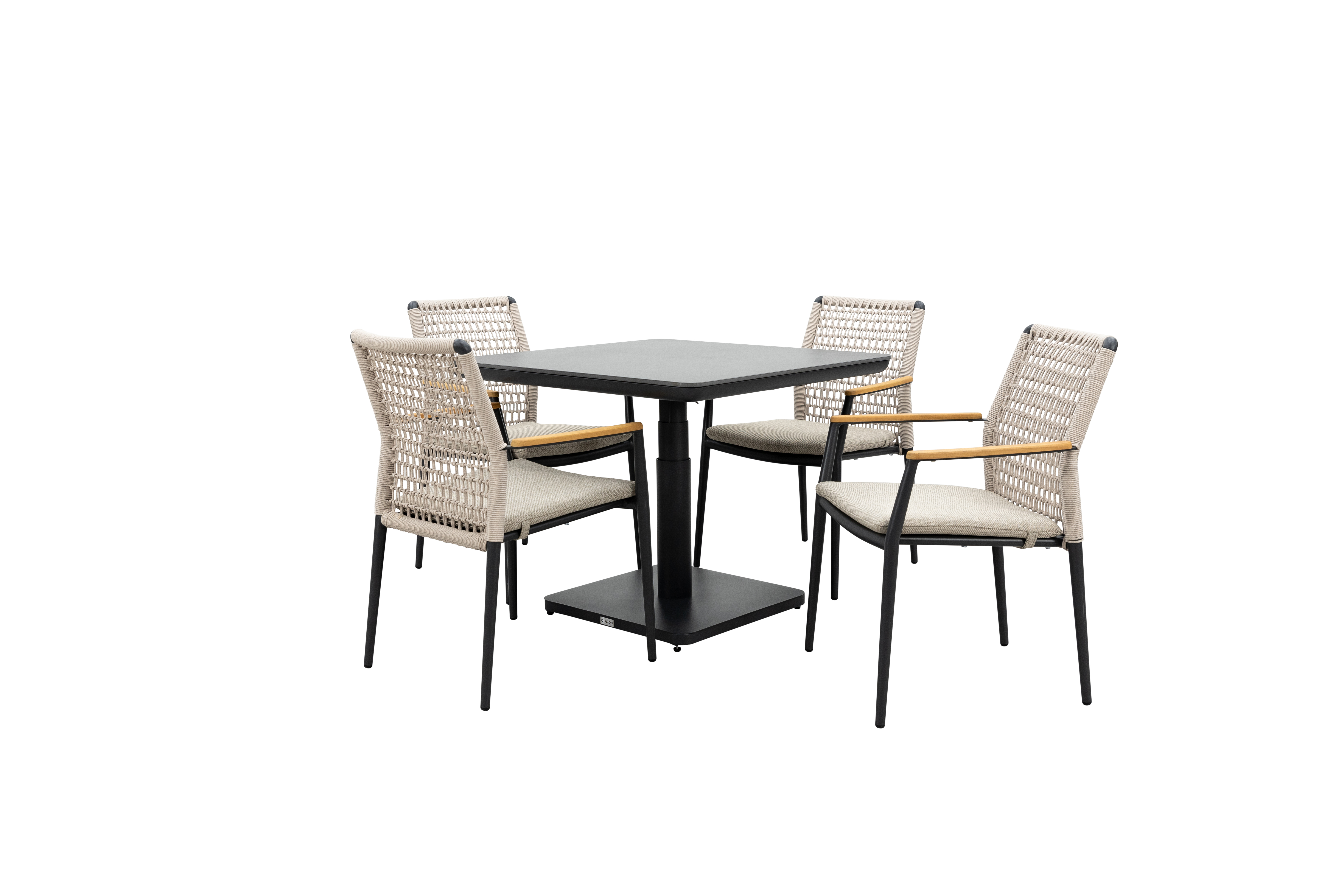 Qopps Ramin in hoogte verstelbare tafel met 4 Indra stapelbare tuinstoelen