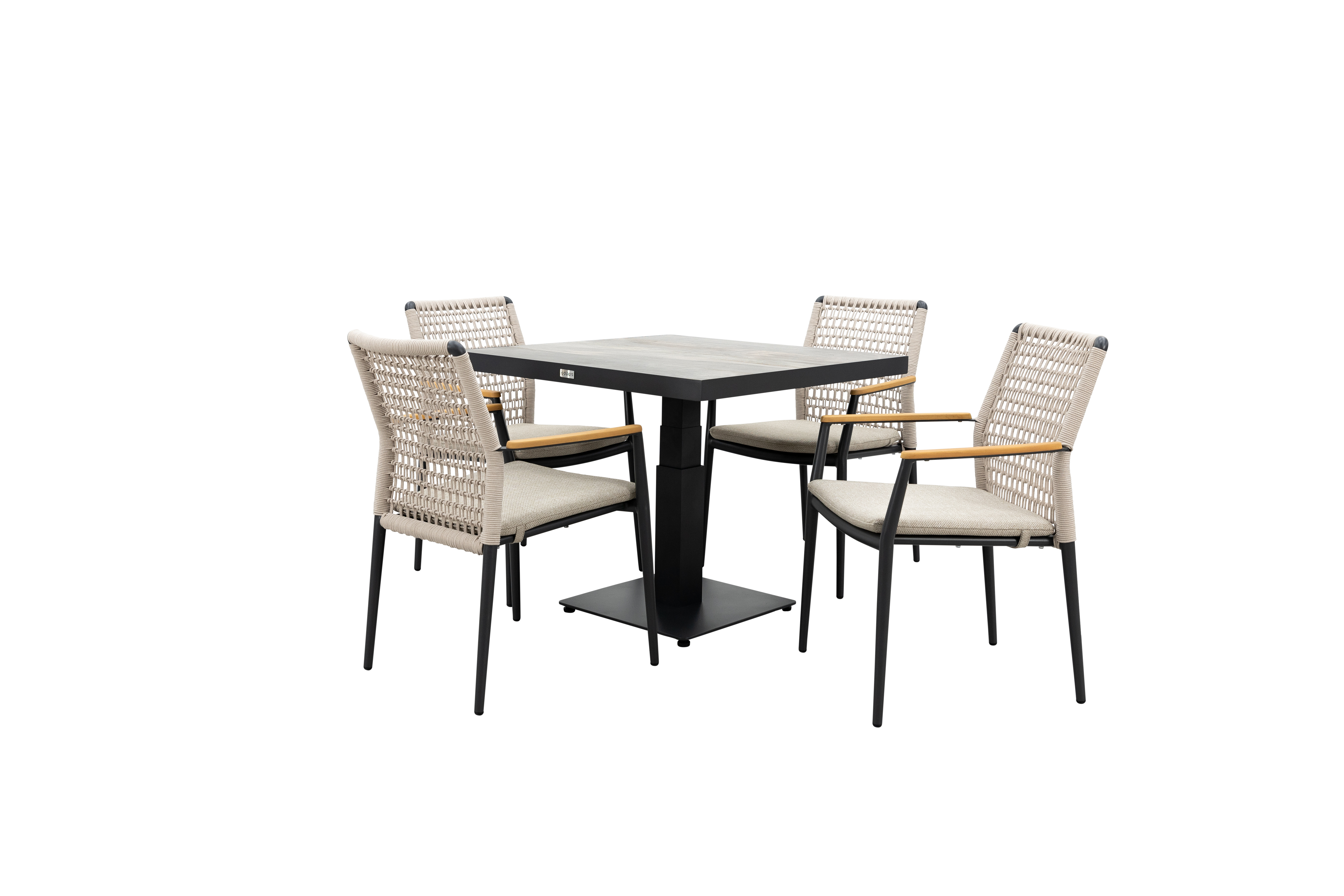 Qopps Javie in hoogte verstelbare tuintafel met 4 Indra stapelbare tuinstoelen