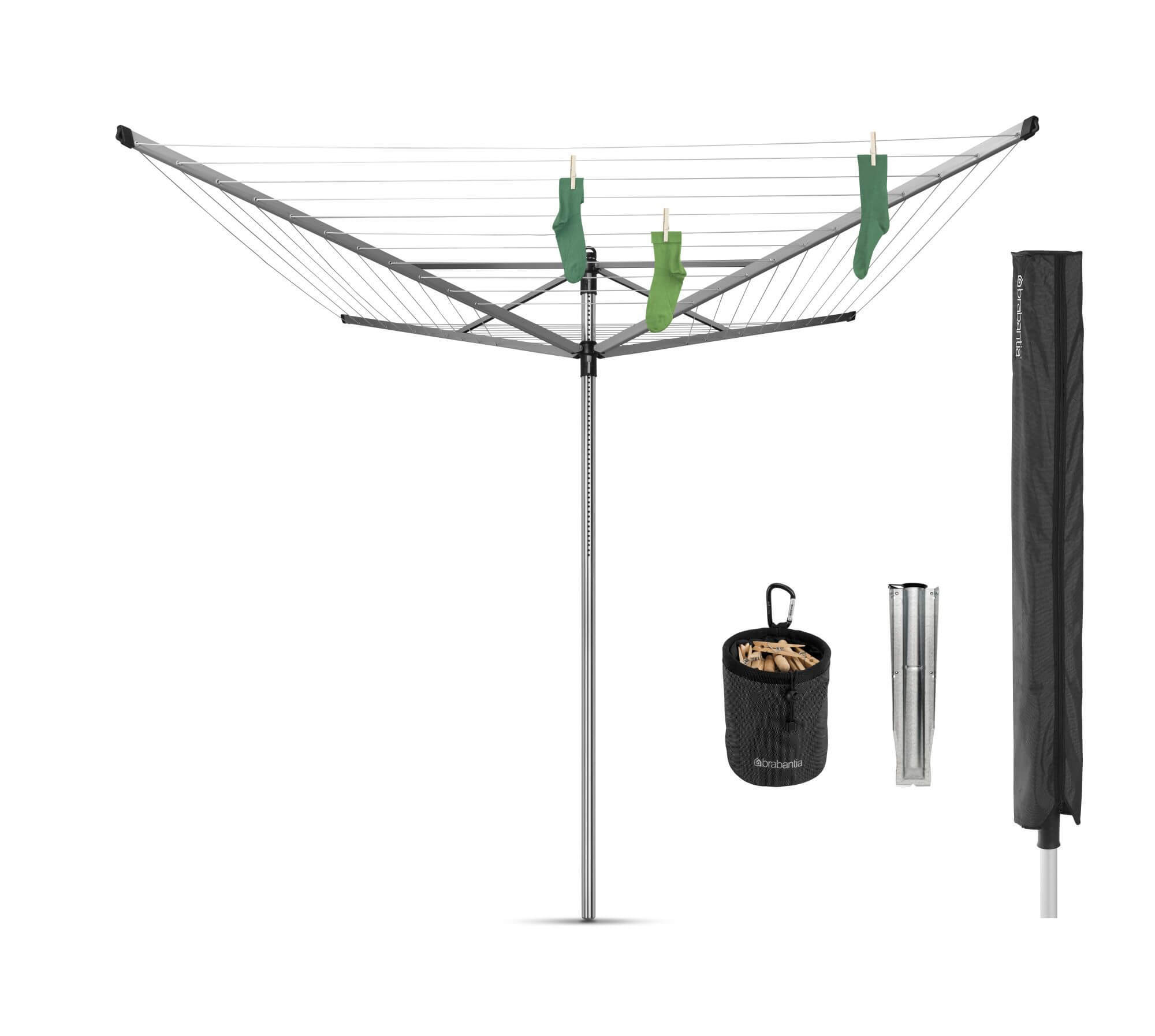 Brabantia lift-o-matic advance droogmolen met beschermhoes en wasknijpertas 60 meter metallic grey