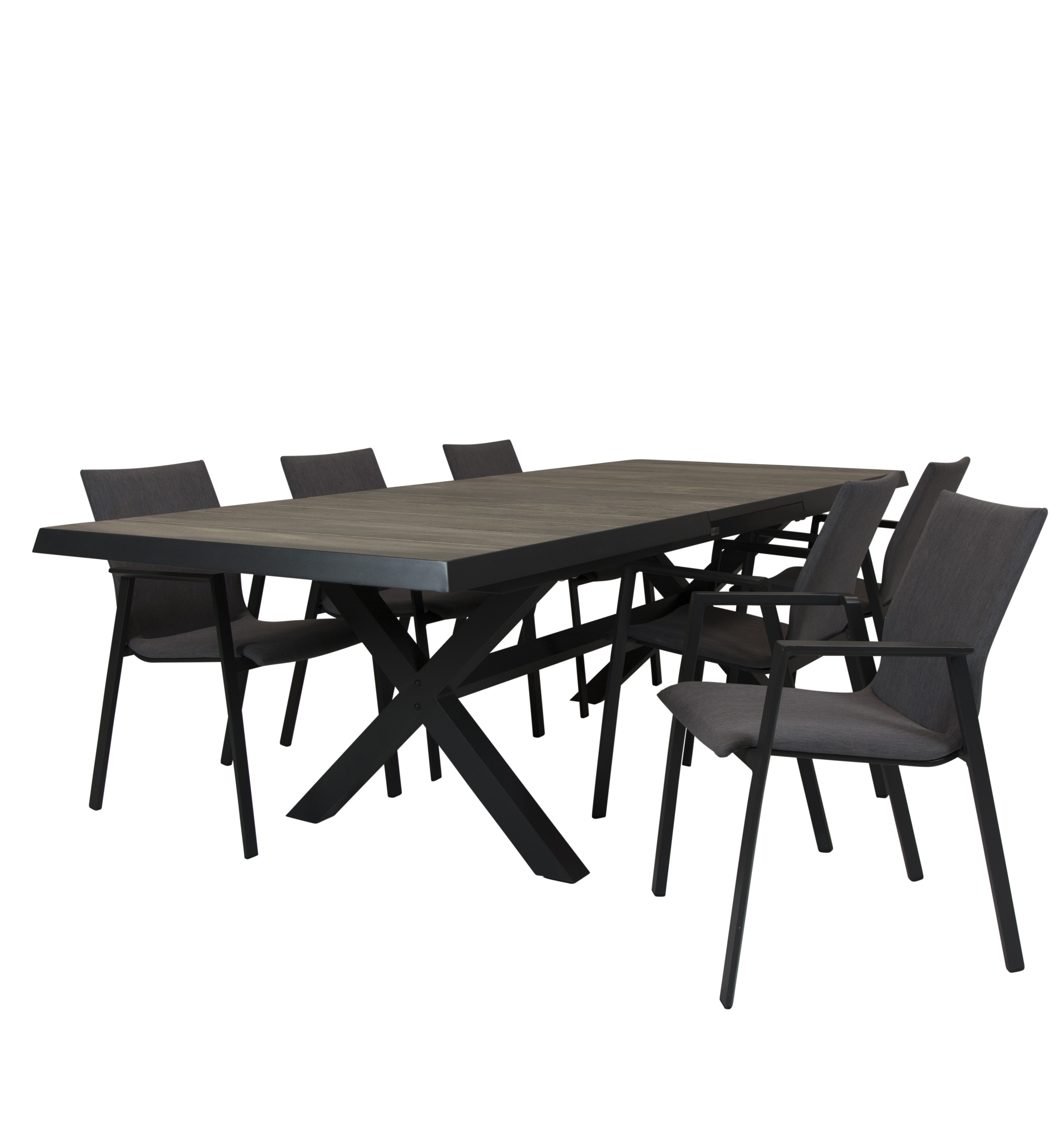 Qopps Ottowa uitschuifbare tuintafel met 6 Fubar stapelbare tuinstoelen