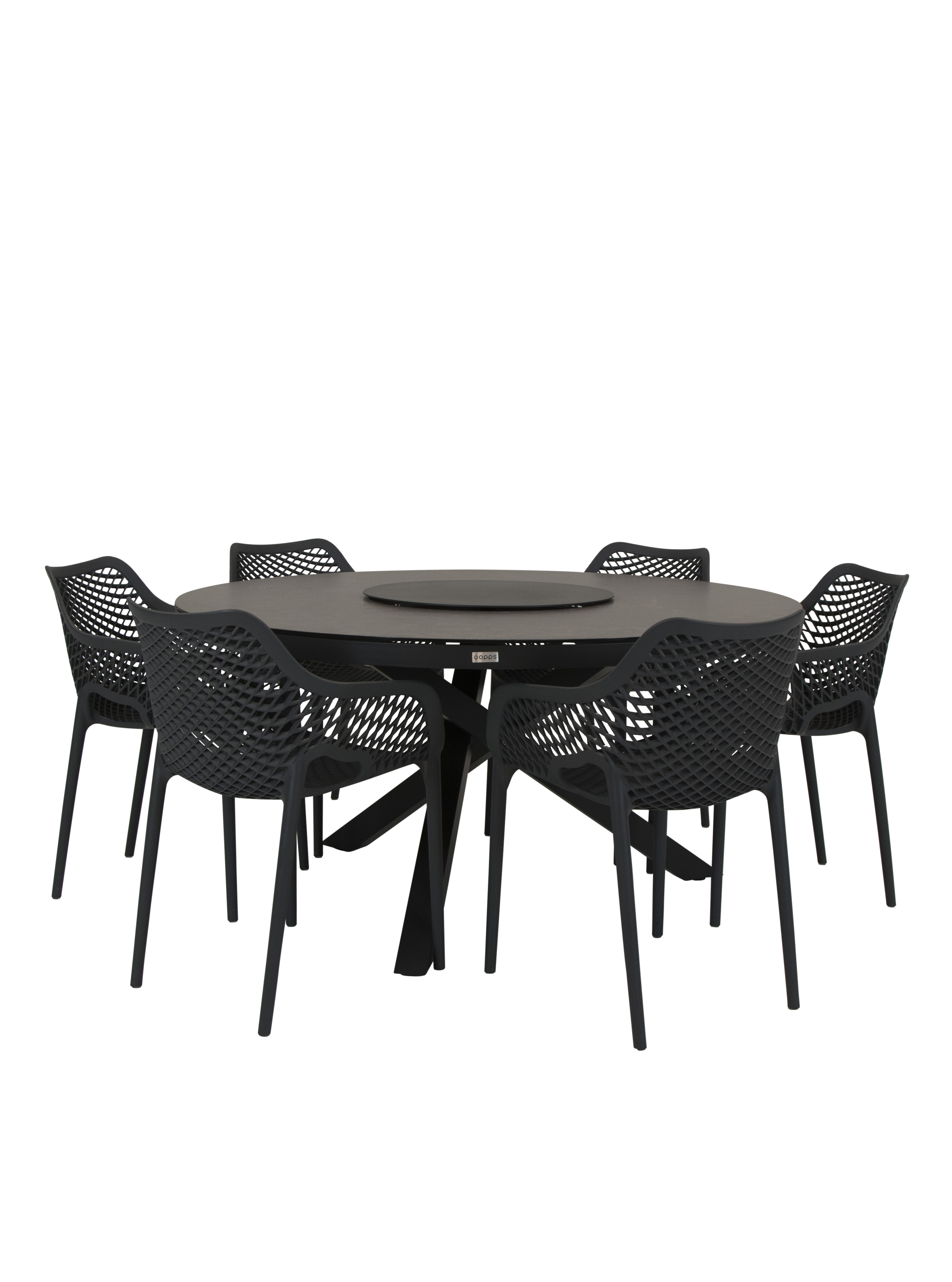 Qopps Perth tafel 150 rond Antraciet met 6 tuinstoelen Air XL