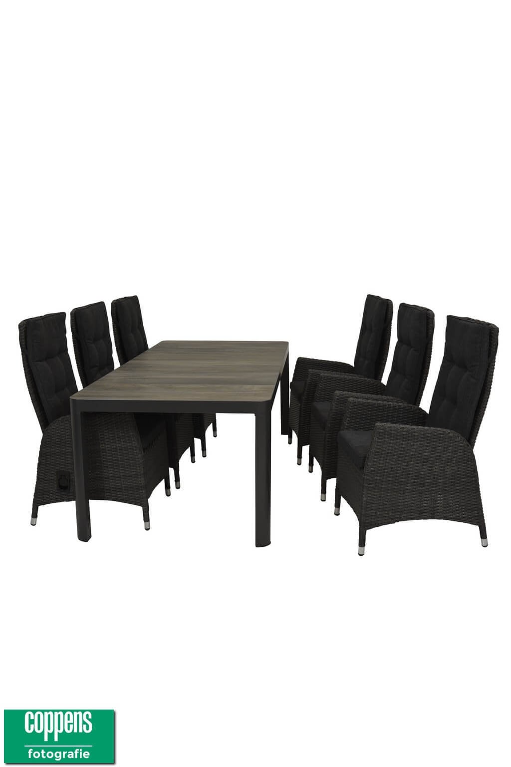 Qopps Queens tuintafel 220 antraciet met 6 tuinstoelen Manhattan
