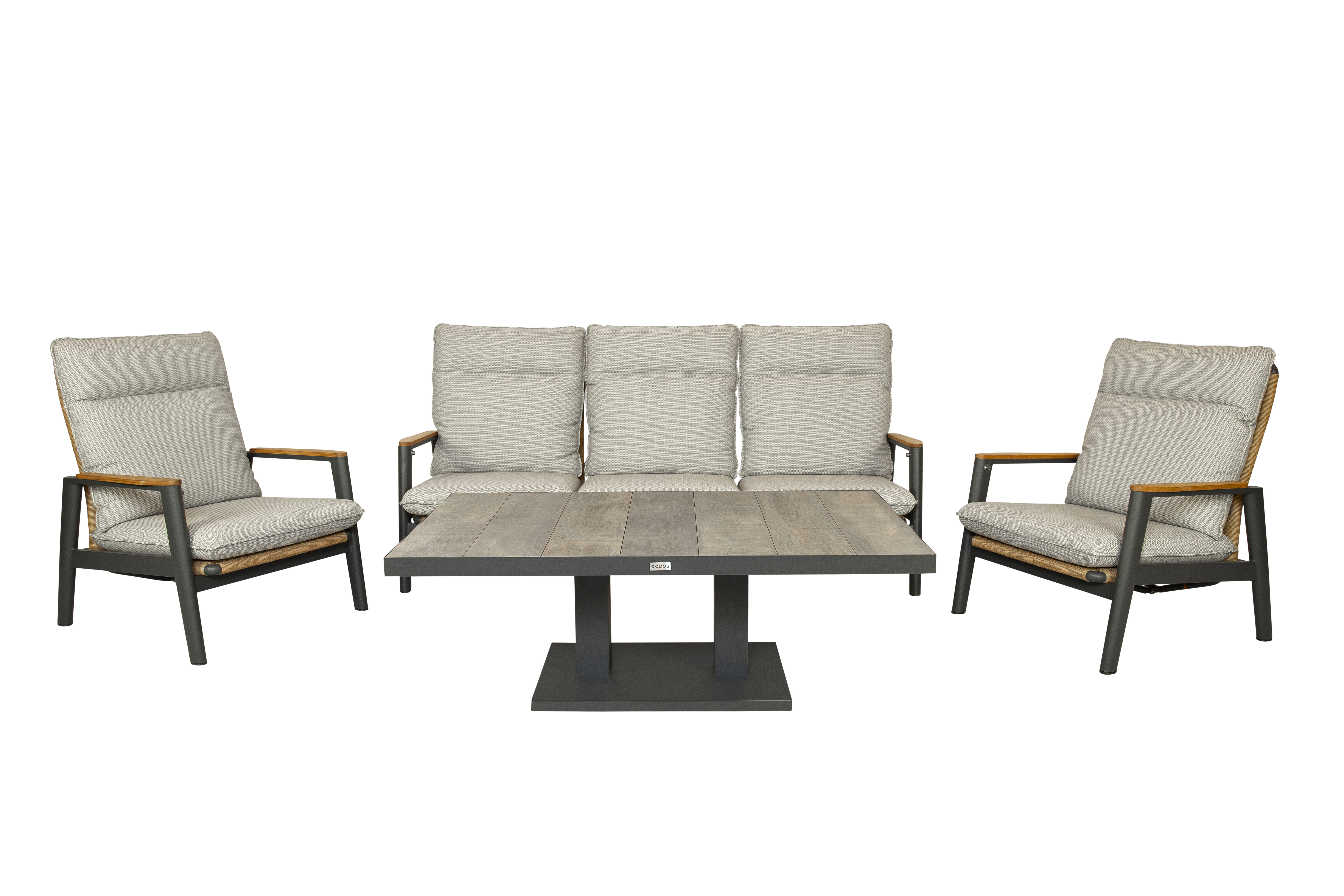 Qopps Yvori loungeset met Camos in hoogte verstelbare tuintafel
