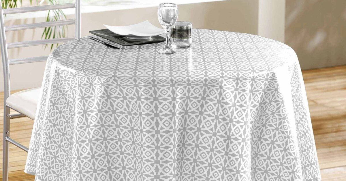 thumbnail: Wasdoek Tafelkleed - Rond, 160 Cm, Lichtgrijs Met Bladeren Print - Waterafstotend PVC, Afwasbaar