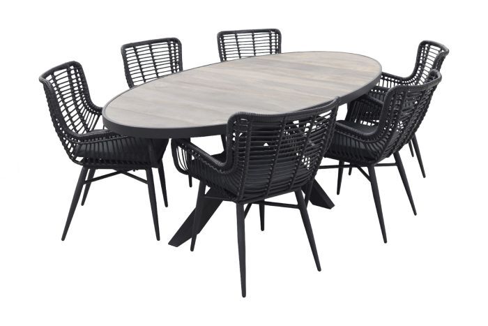 Qopps Kismo tuintafel met 6 Jasmine dining tuinstoelen zwart